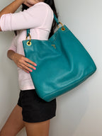 Prada Vitello Daino Teal Hobo Bag