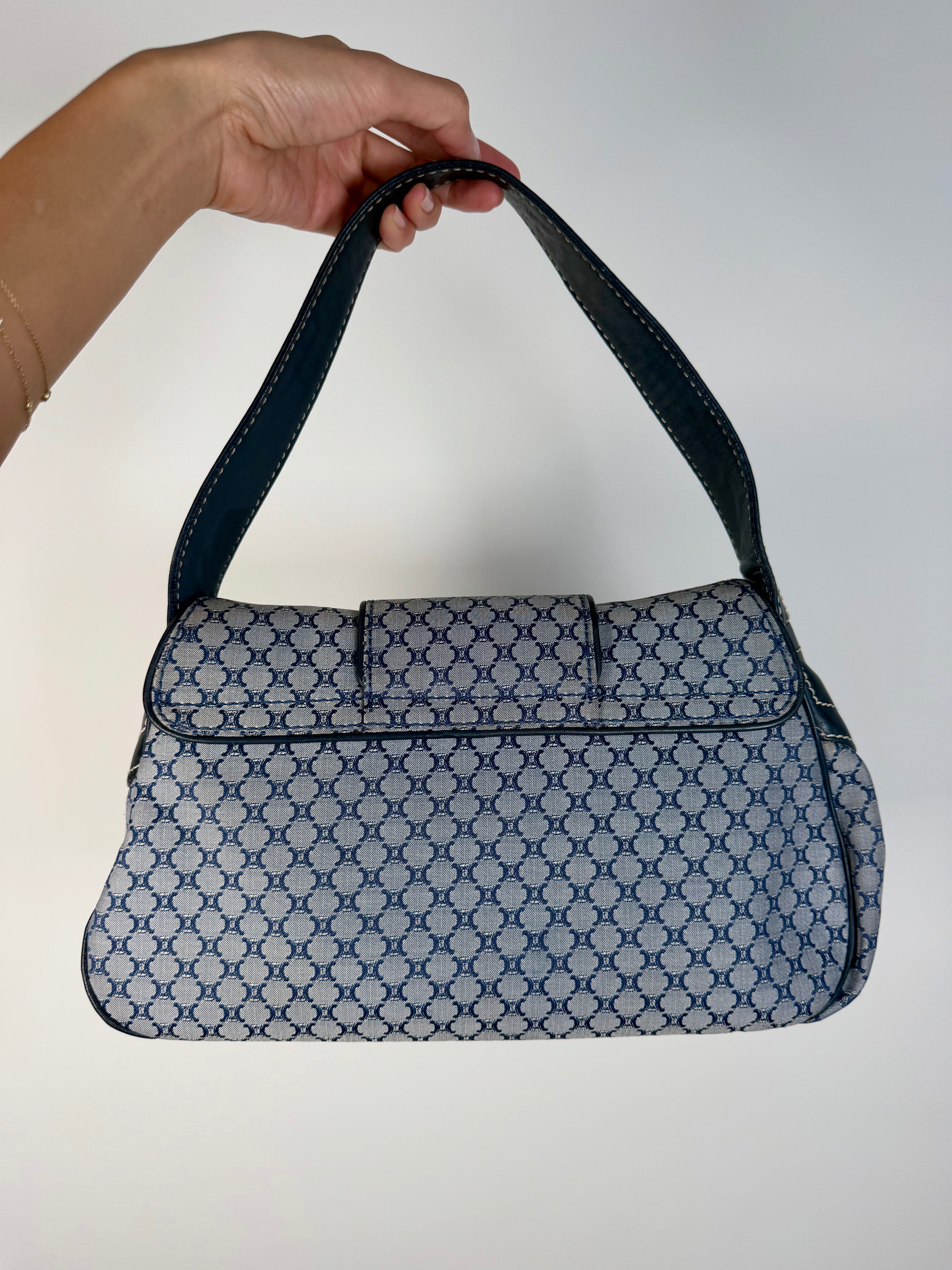 Celine Navy Macadam Canvas and Leather Shoulder Bag