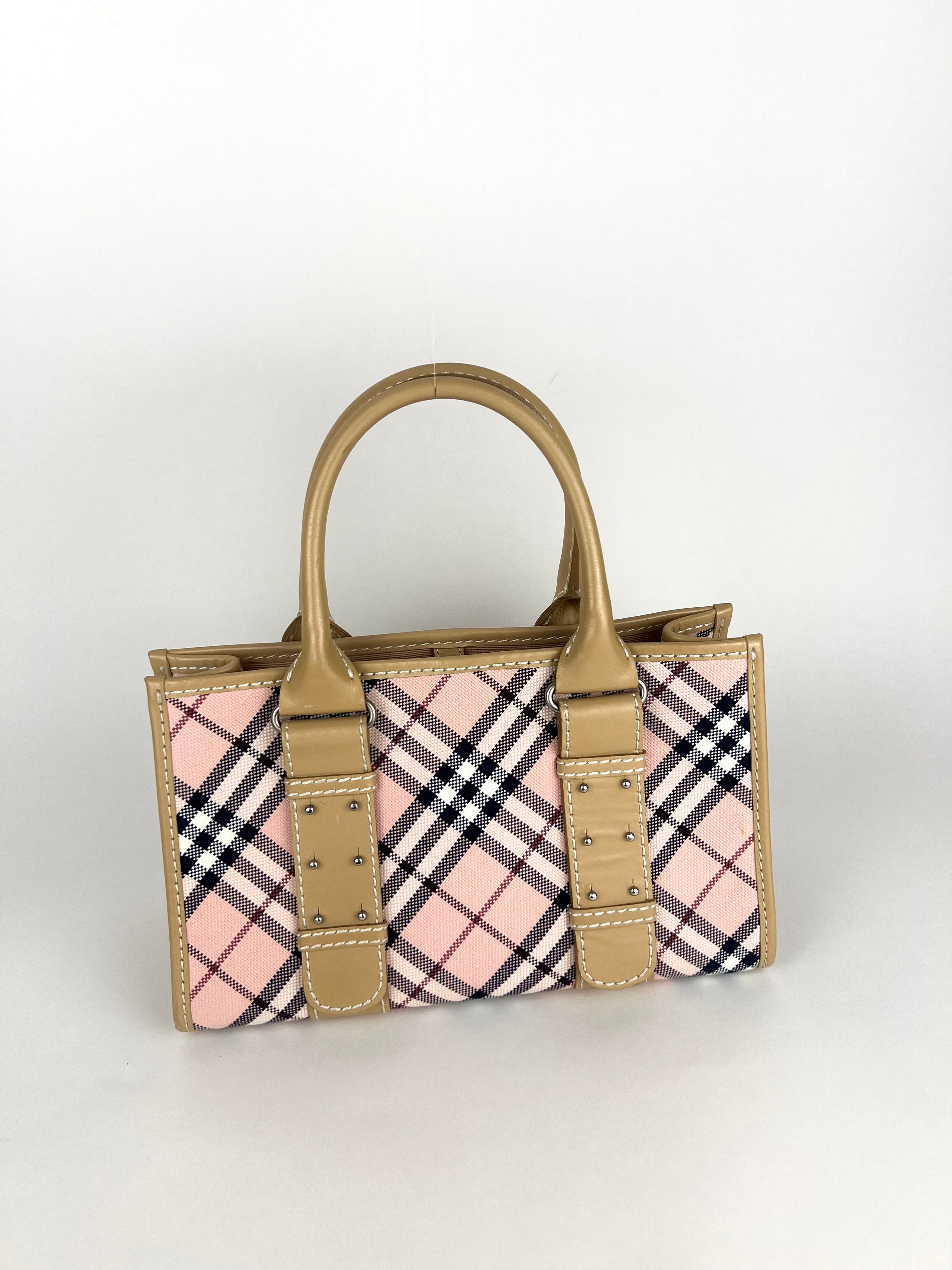 Burberry Pink Plaid Canvas Leather Tote