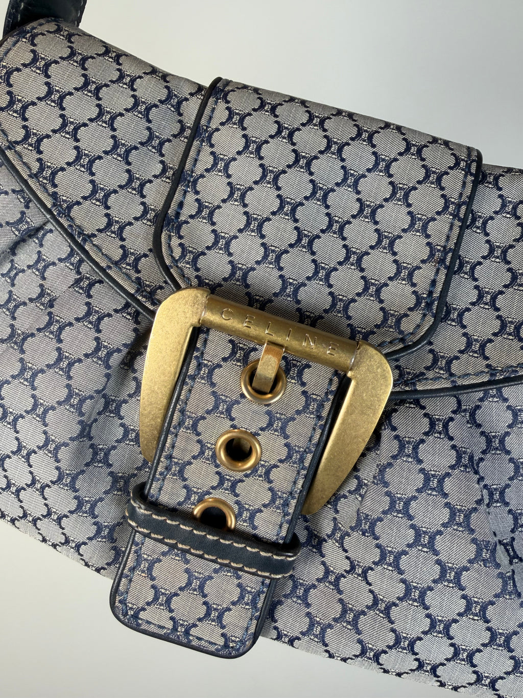 Celine Navy Macadam Canvas and Leather Shoulder Bag