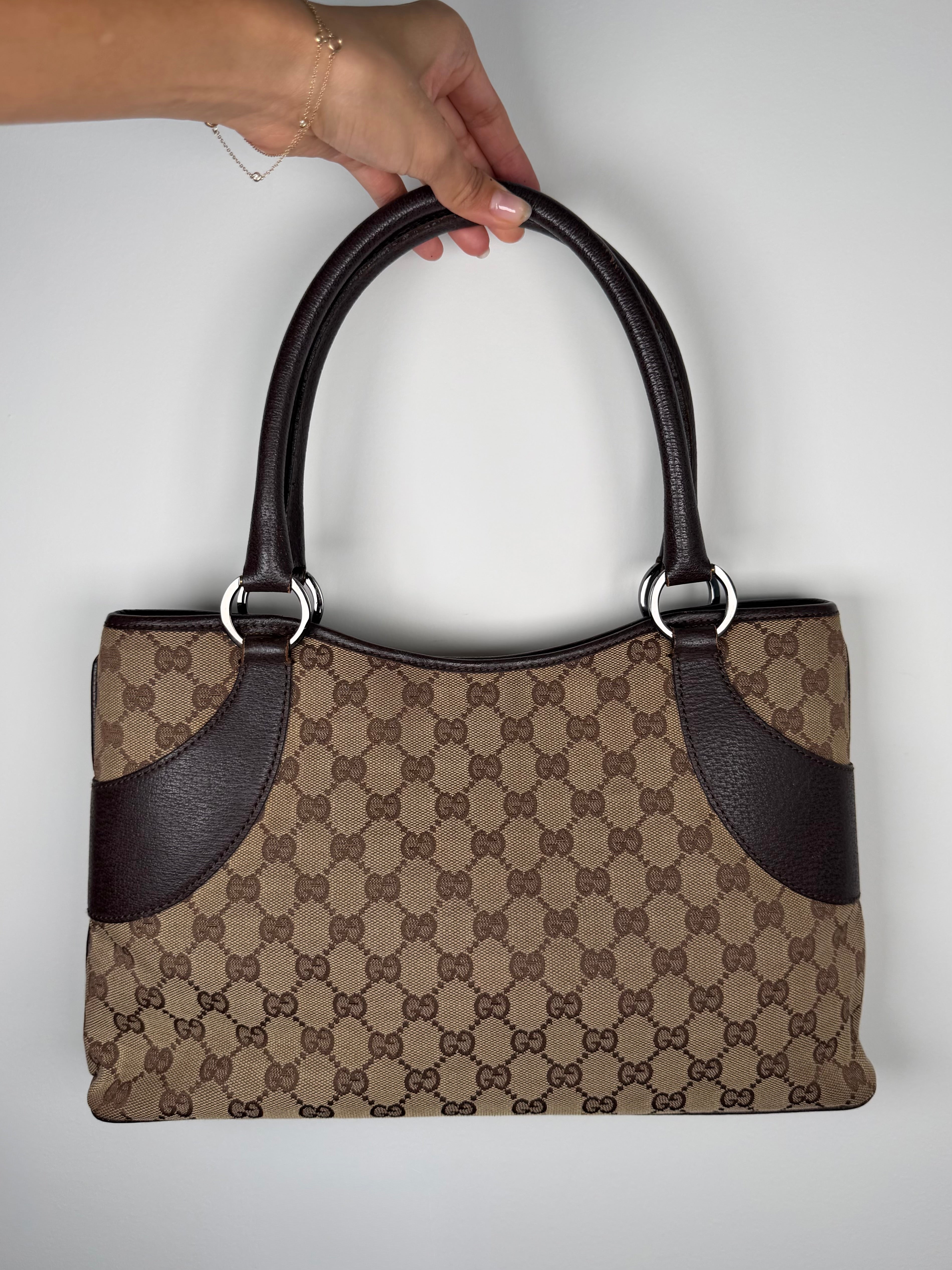 Gucci Monogram Chocolate Trim Leather Tote
