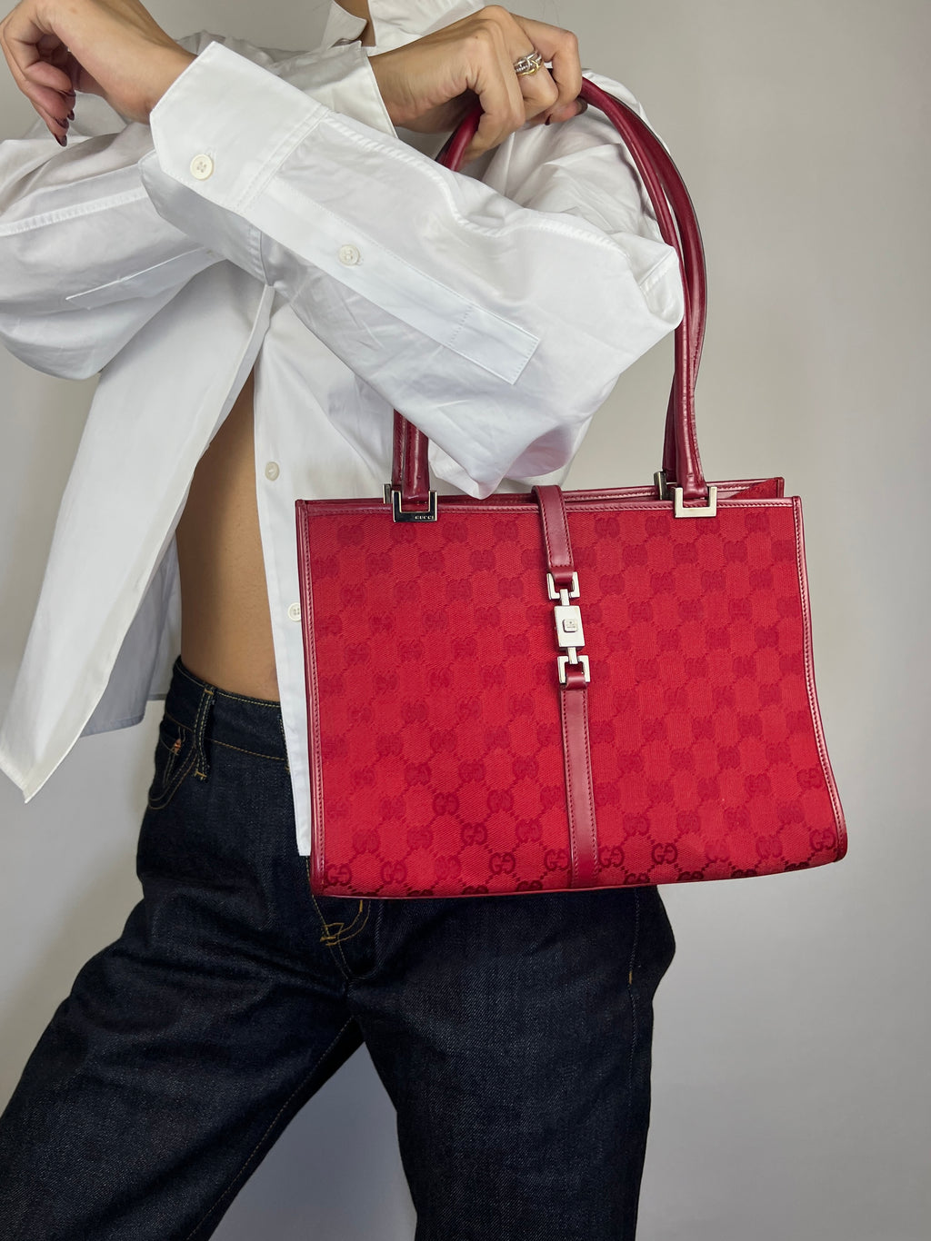 Gucci Jackie Red Monogram Tote Bag