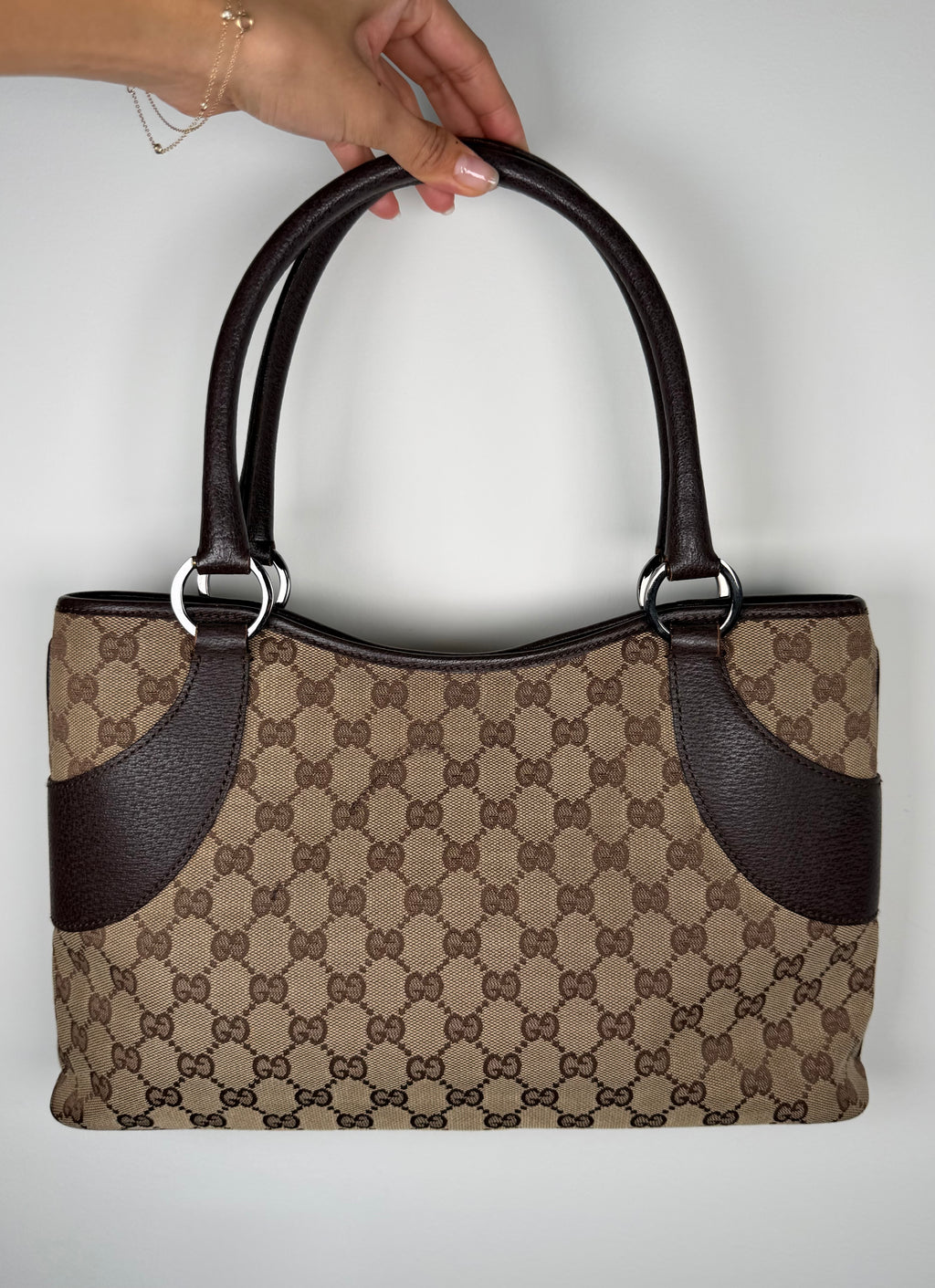 Gucci Monogram Chocolate Trim Leather Tote
