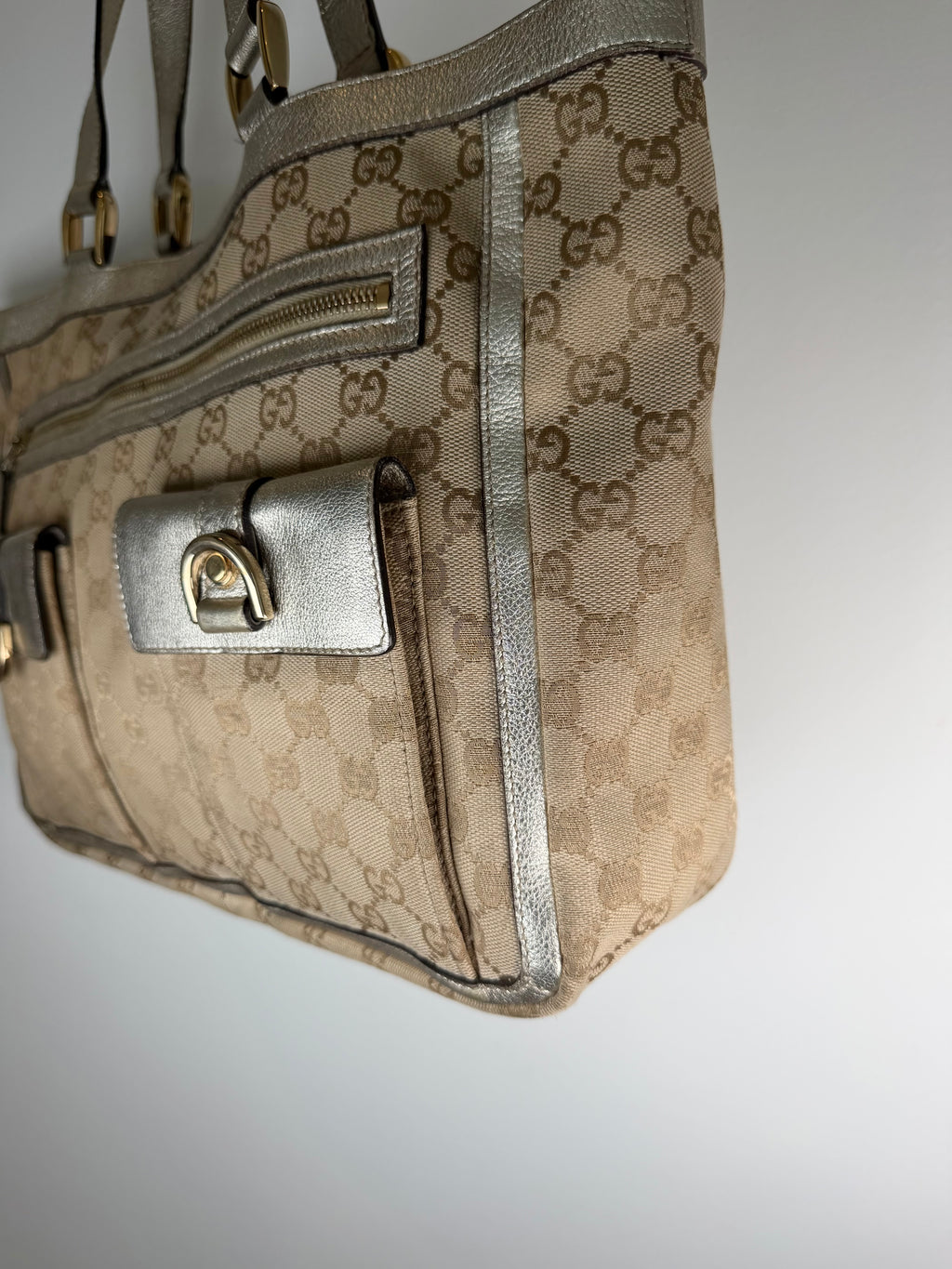 Gucci Monogram Gold Leather Trim Tote Bag