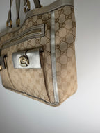 Gucci Monogram Gold Leather Trim Tote Bag