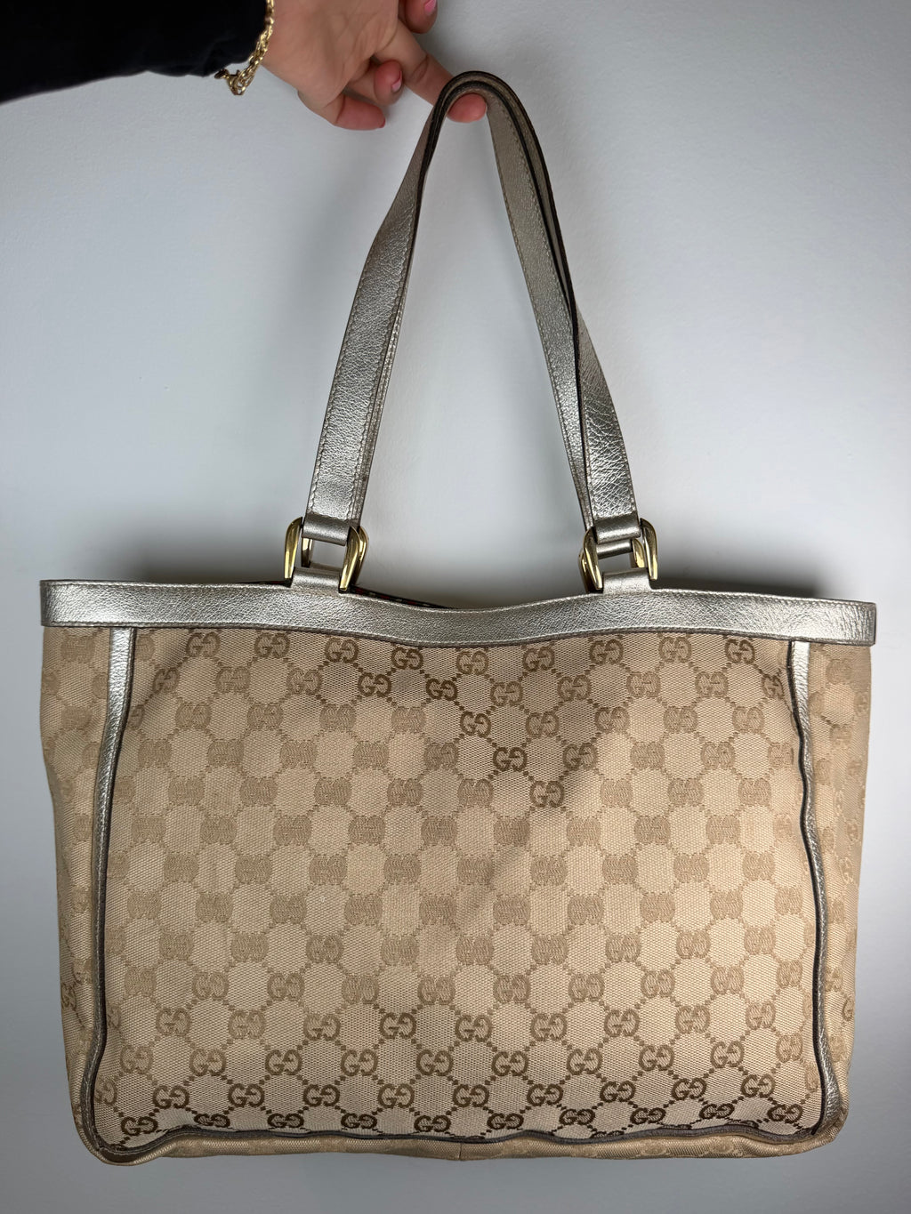 Gucci Monogram Gold Leather Trim Tote Bag