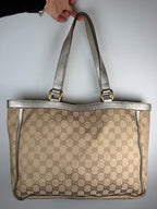 Gucci Monogram Gold Leather Trim Tote Bag