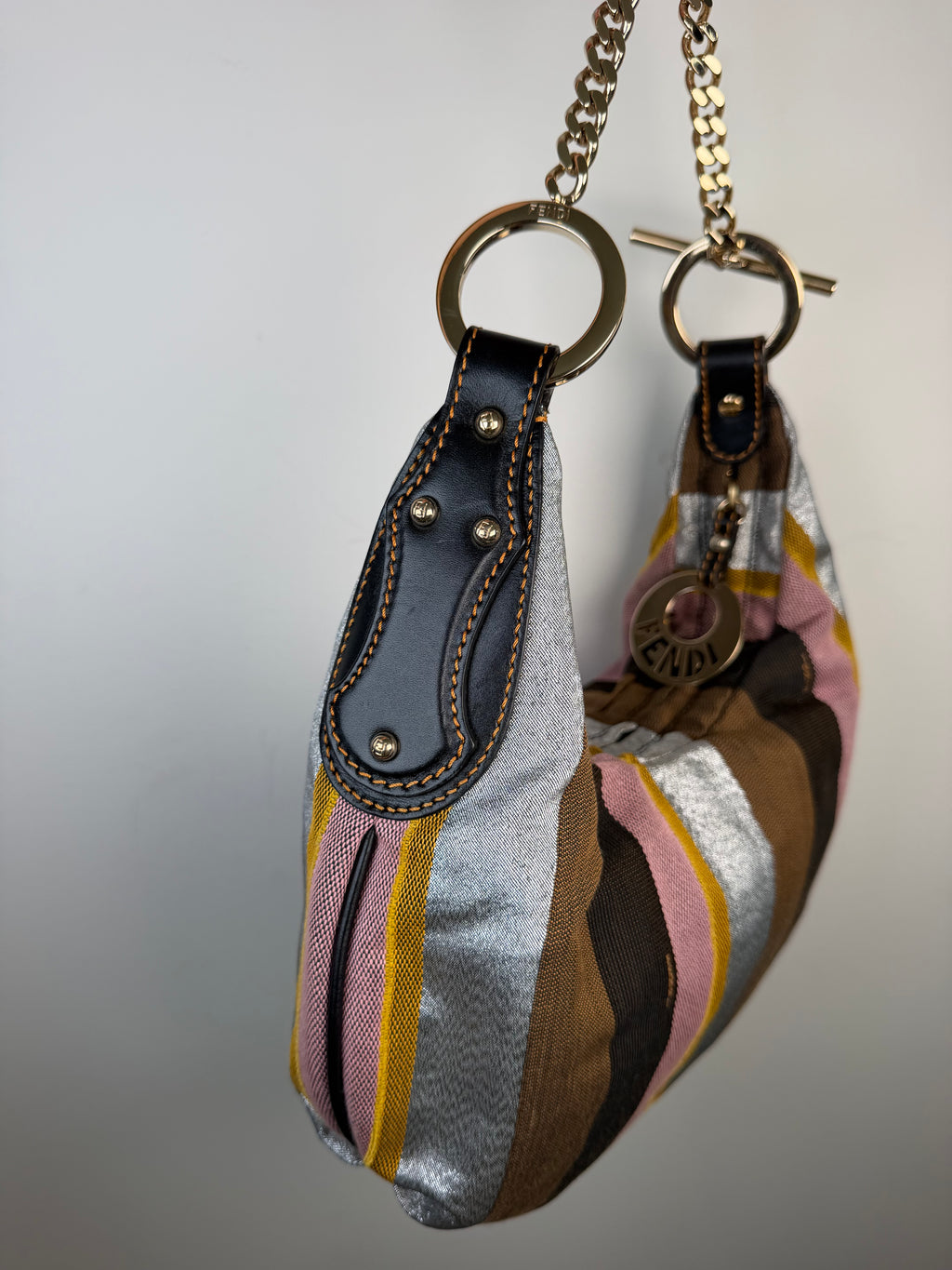 Fendi Multicolor Pequin Canvas and Leather Chain Hobo Bag