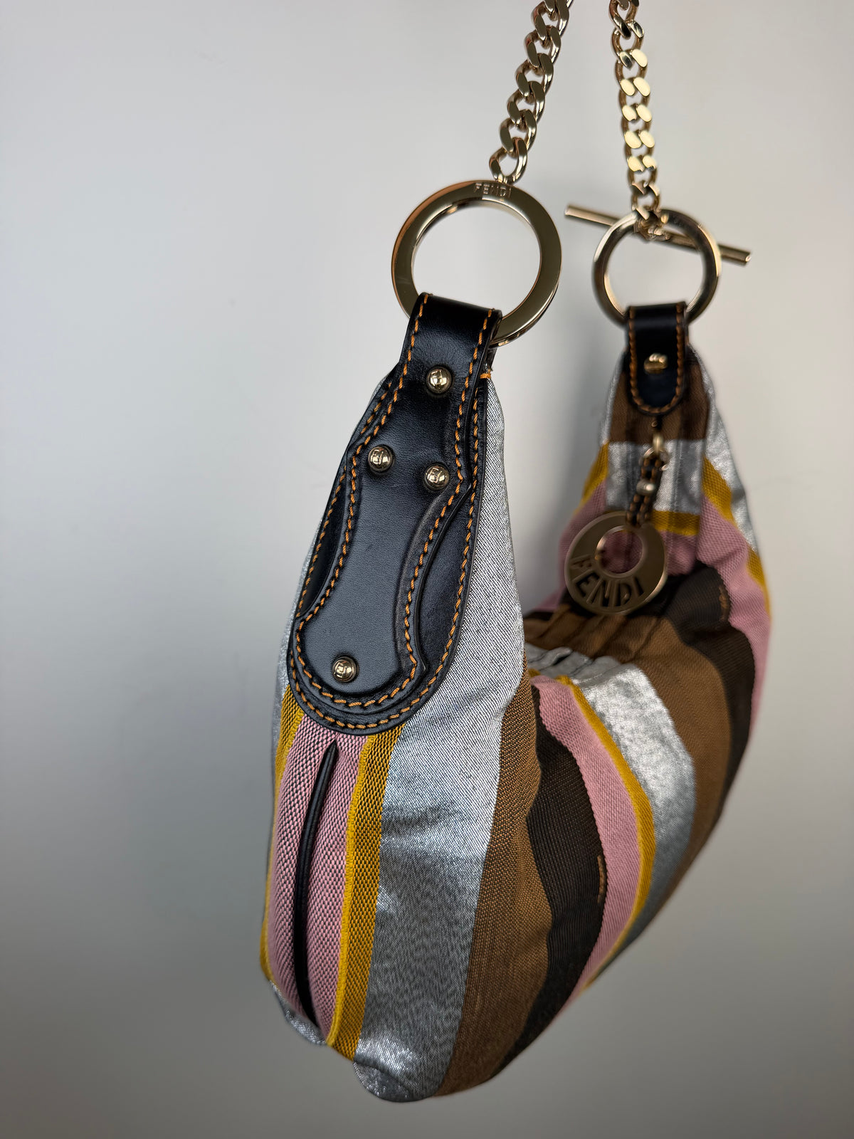Fendi Multicolor Pequin Canvas and Leather Chain Hobo Bag