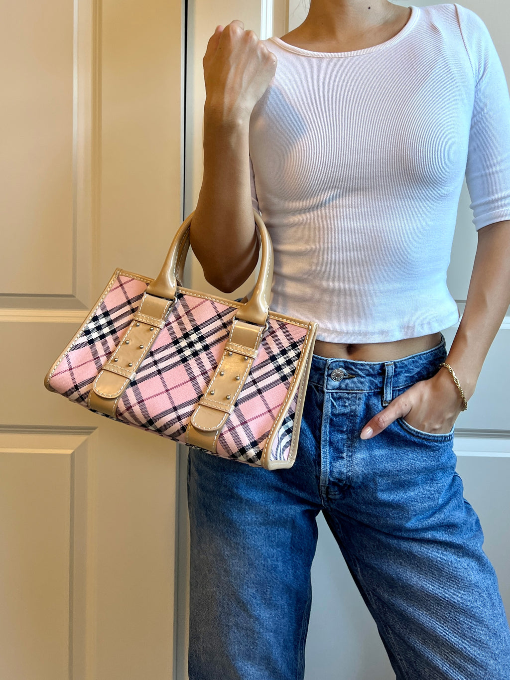 Burberry Pink Plaid Canvas Leather Tote