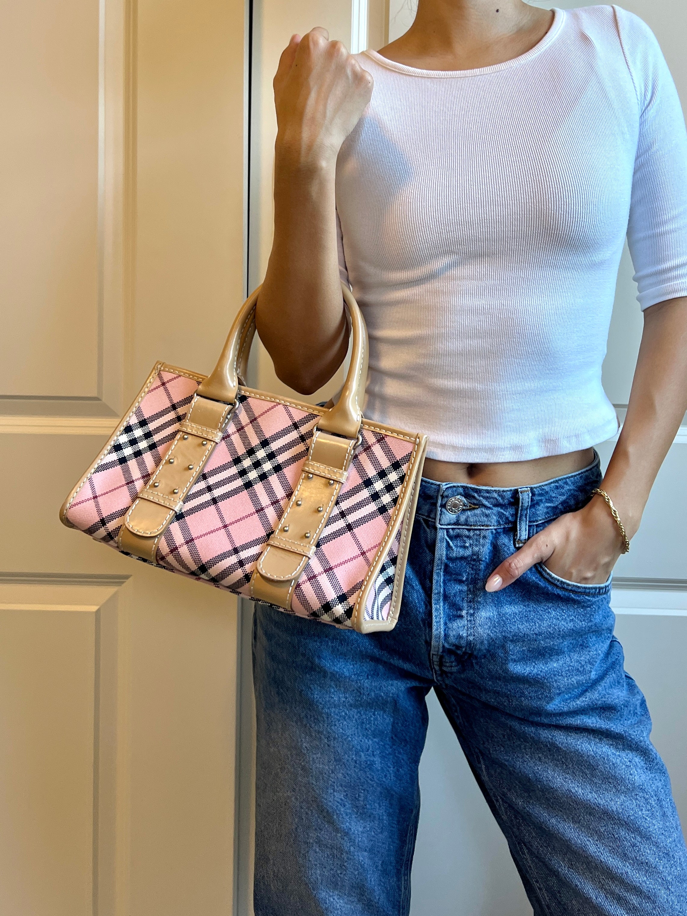 Burberry Pink Plaid Canvas Leather Tote