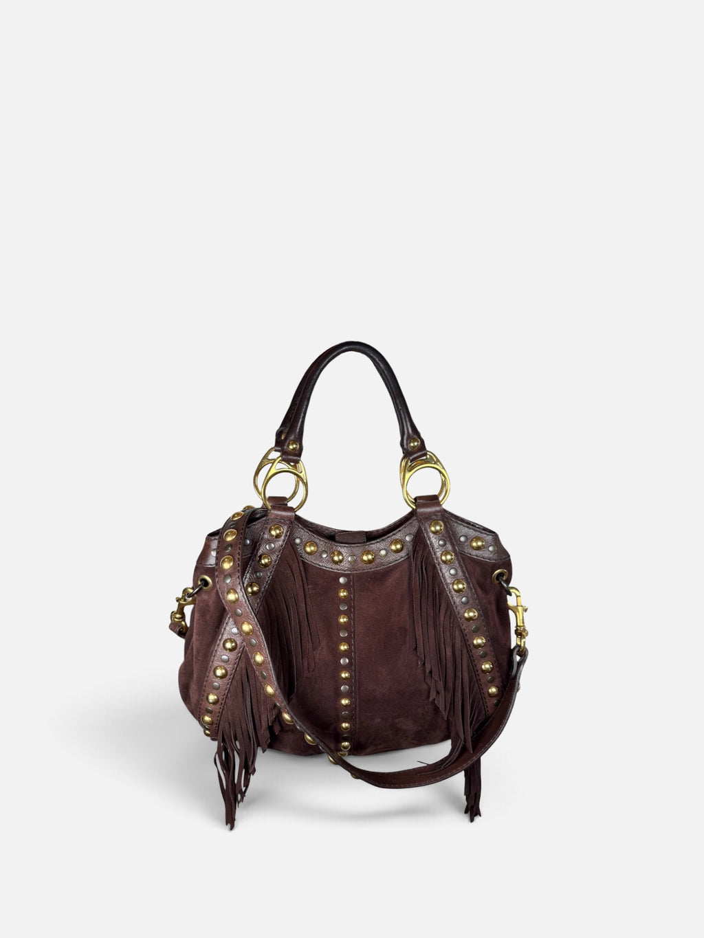 Gucci Babouska Fringe Suede Studded Indy Hobo Bag
