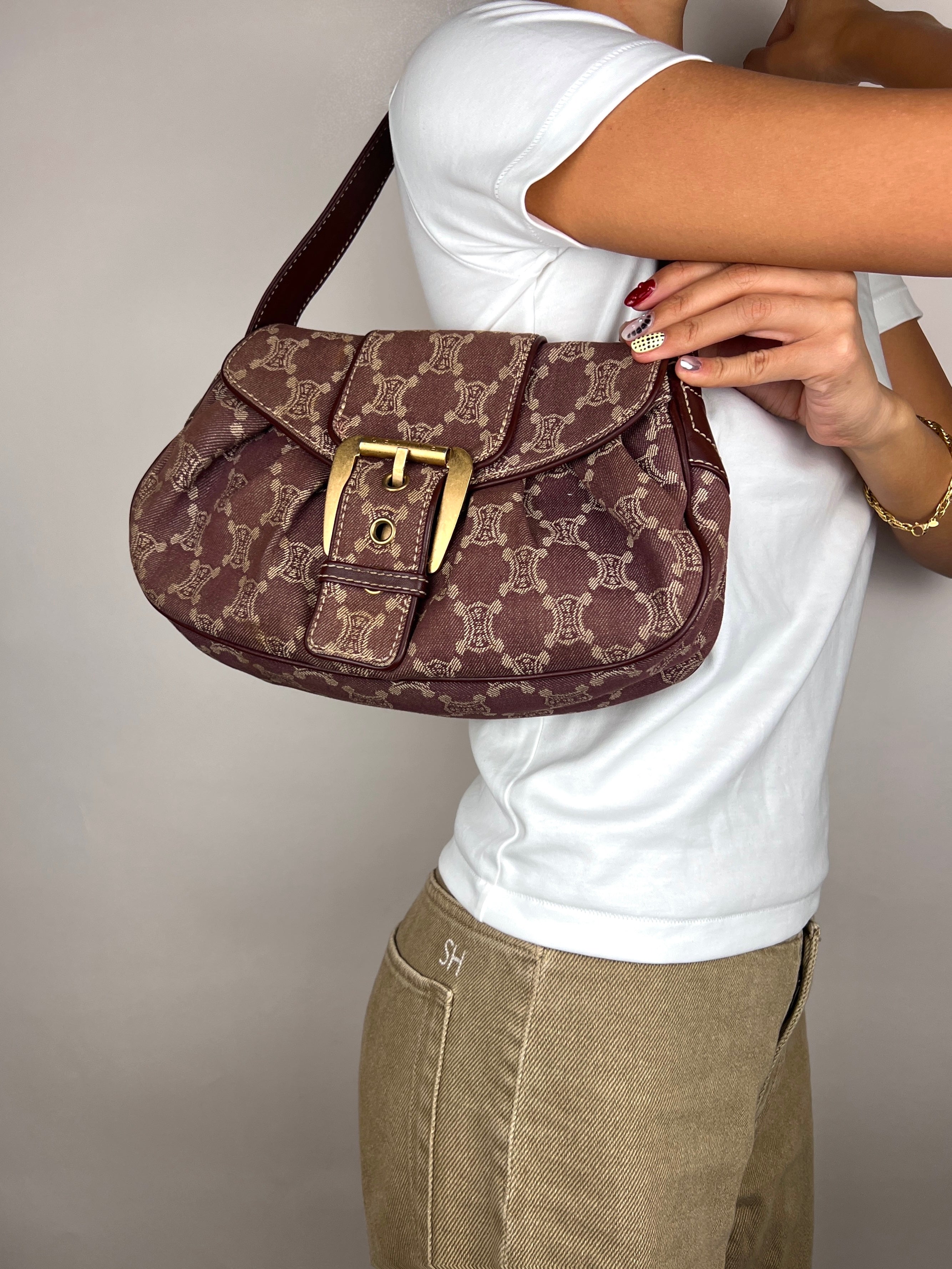 Celine Burgundy Macadam Canvas and Leather Shoulder Bag