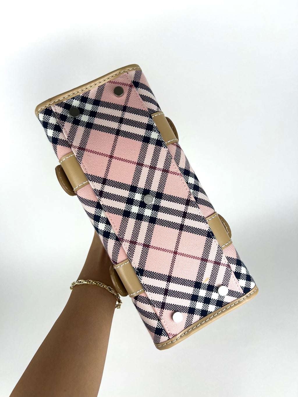 Burberry Pink Plaid Canvas Leather Tote