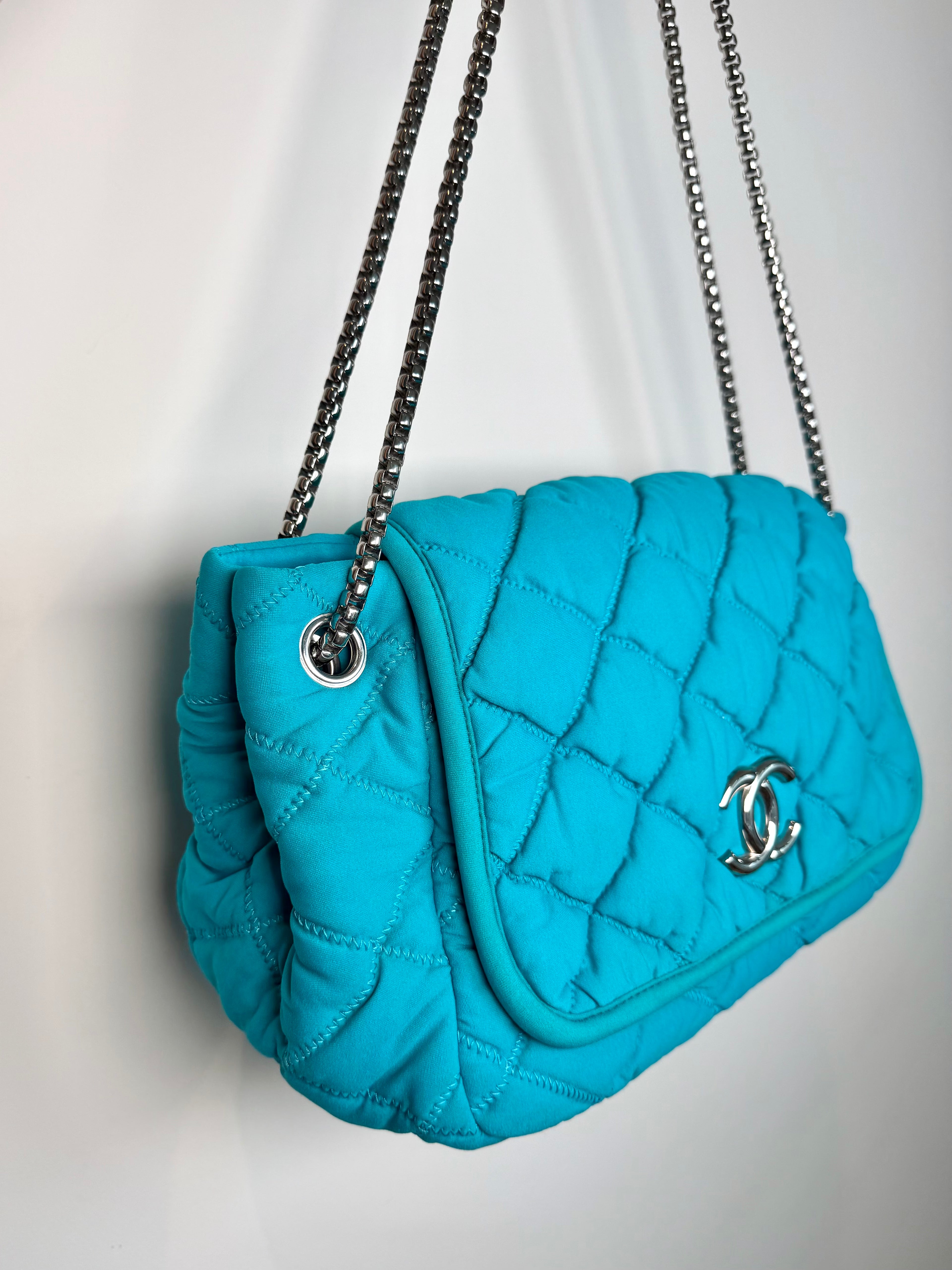 Chanel Bubble Quilted Turquoise Chain Large Flap Bag