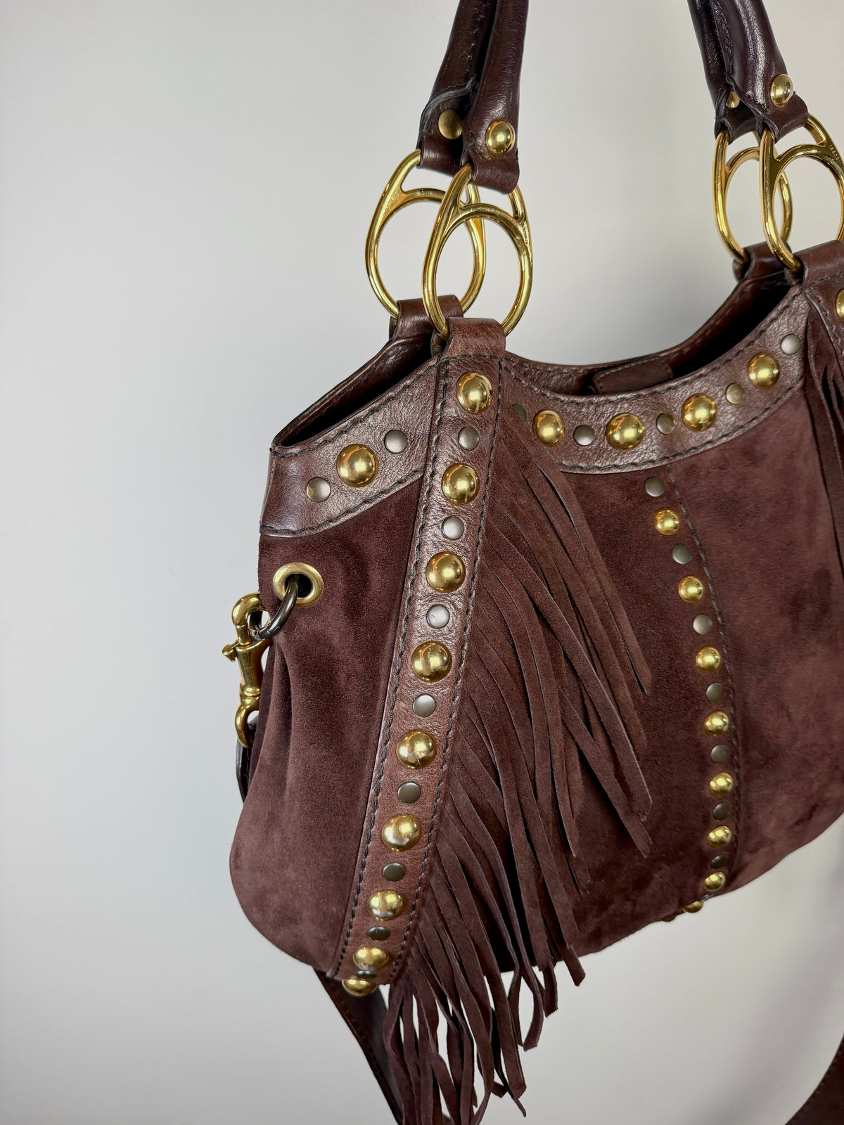 Gucci Babouska Fringe Suede Studded Indy Hobo Bag