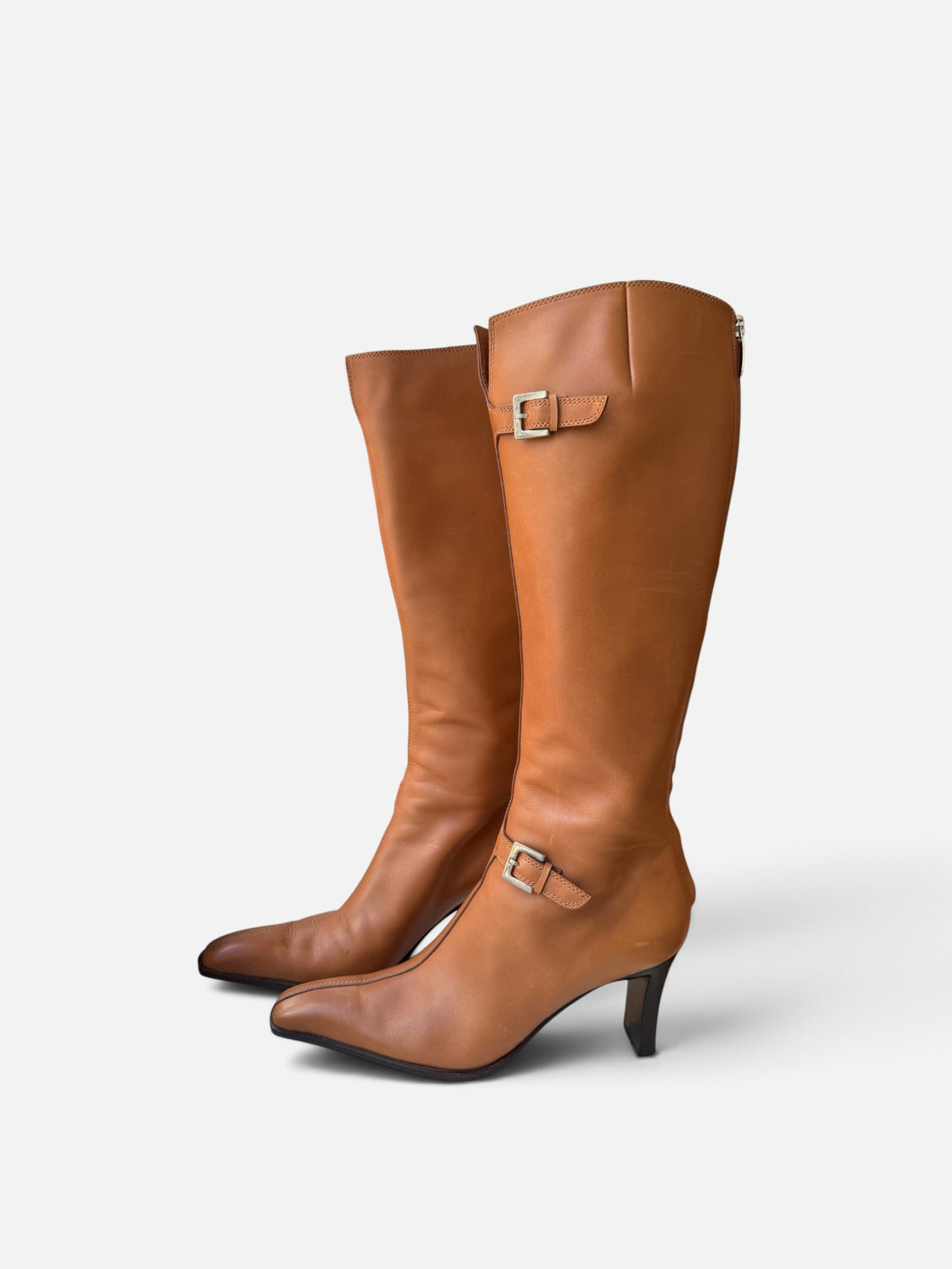 Sergio Rossi Cognac Brown Buckle Heeled Boots