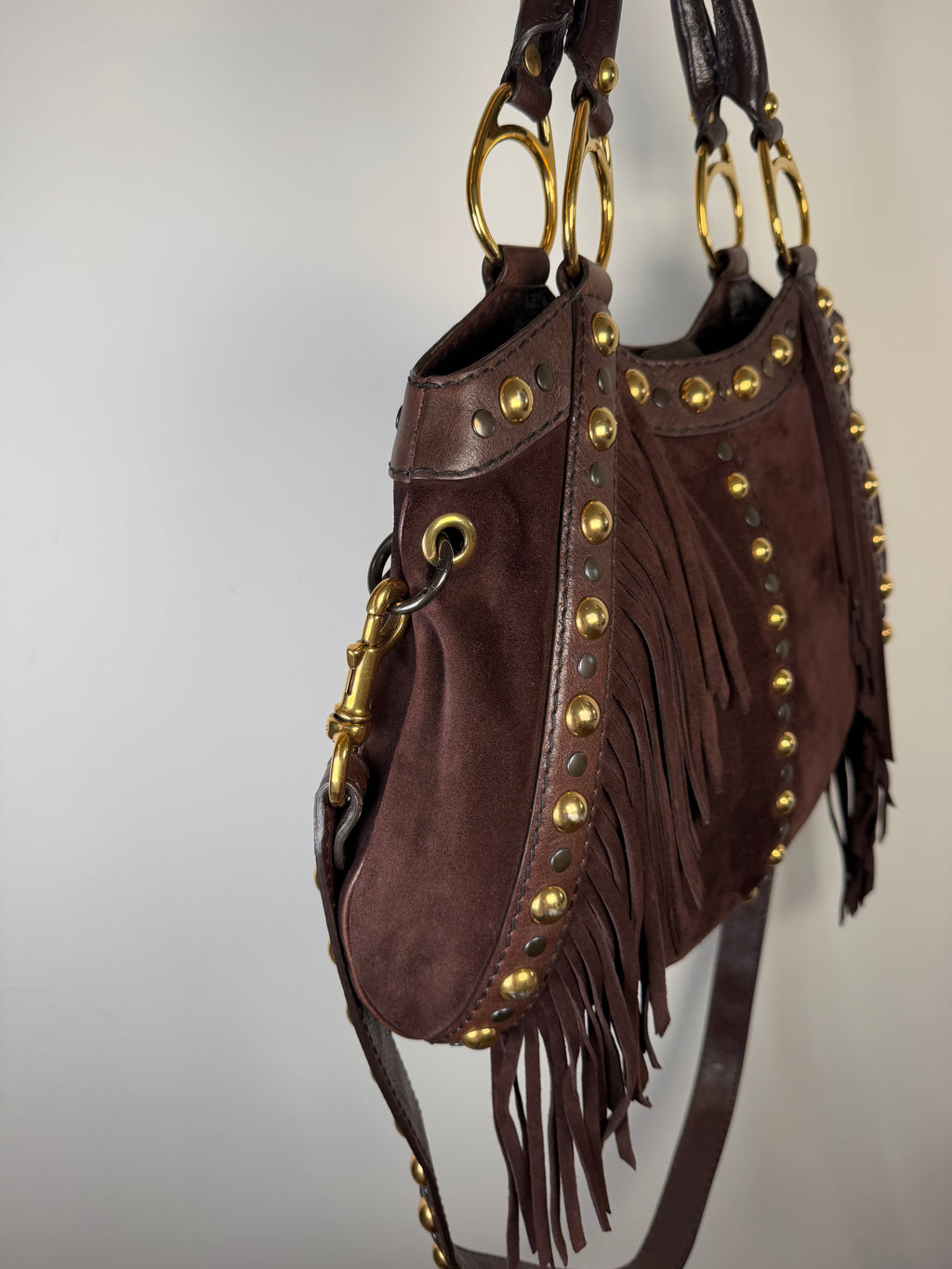 Gucci Babouska Fringe Suede Studded Indy Hobo Bag