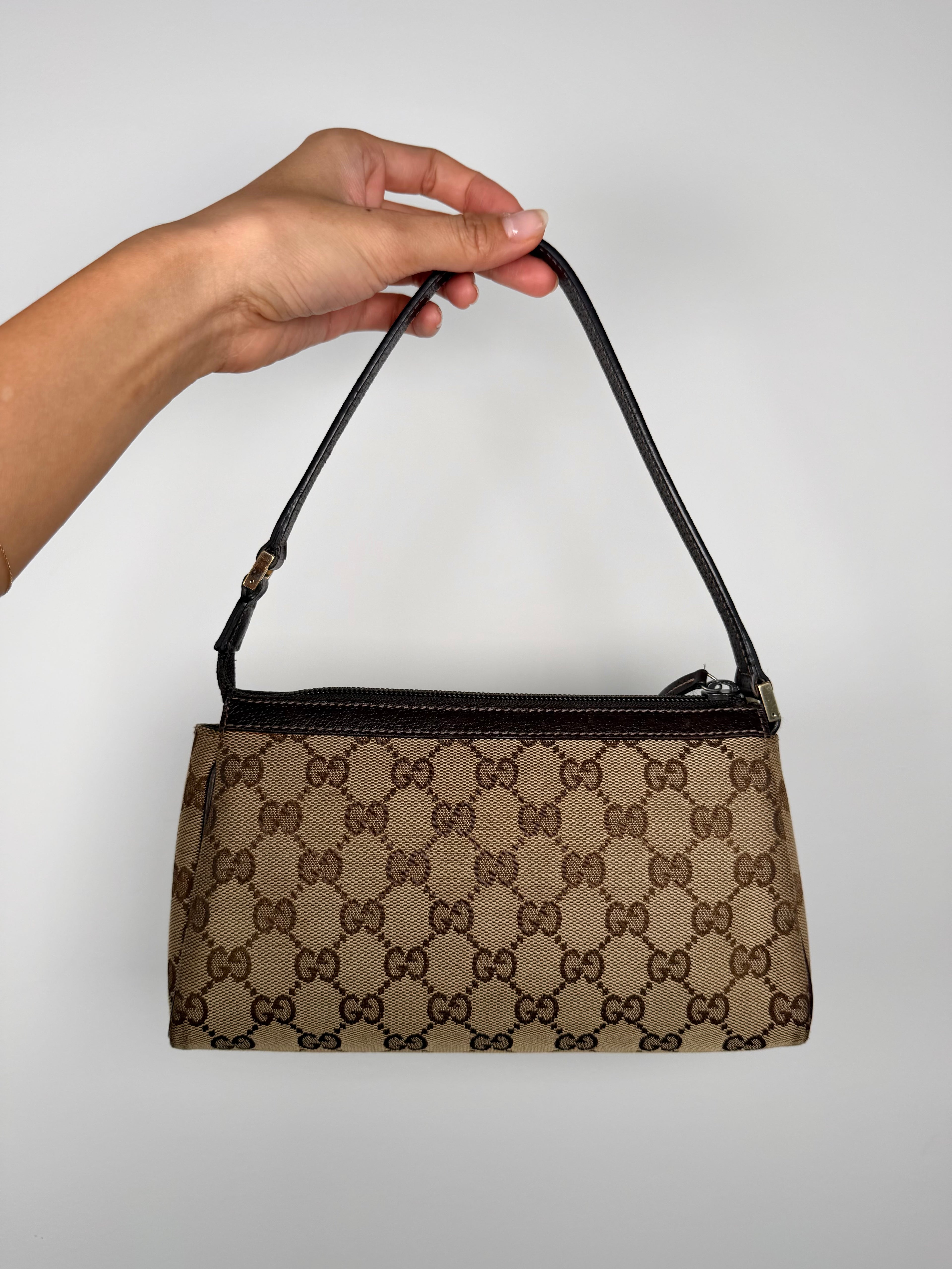 Gucci Monogram Chocolate Trim Shoulder Pochette