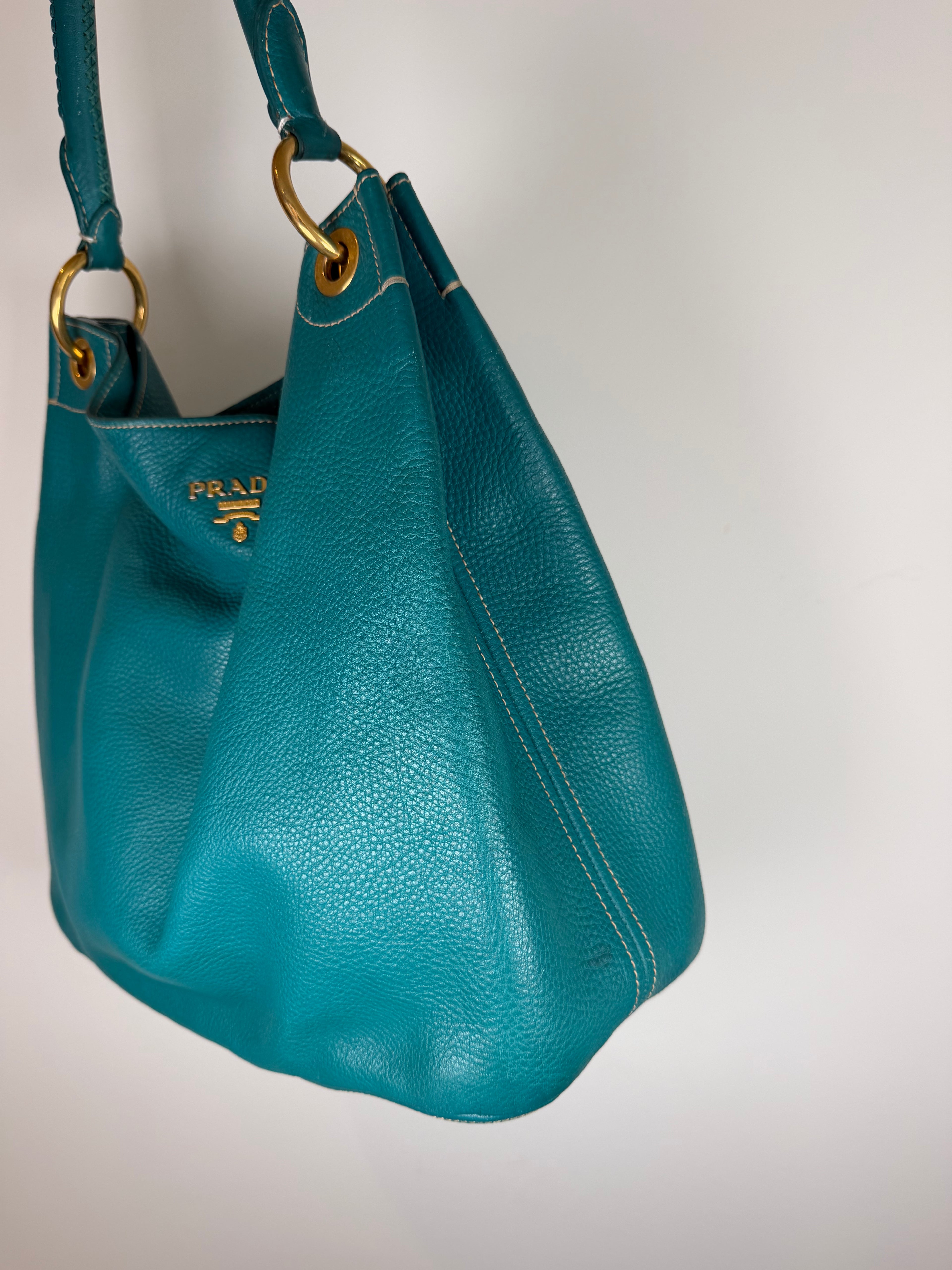 Prada Vitello Daino Teal Hobo Bag