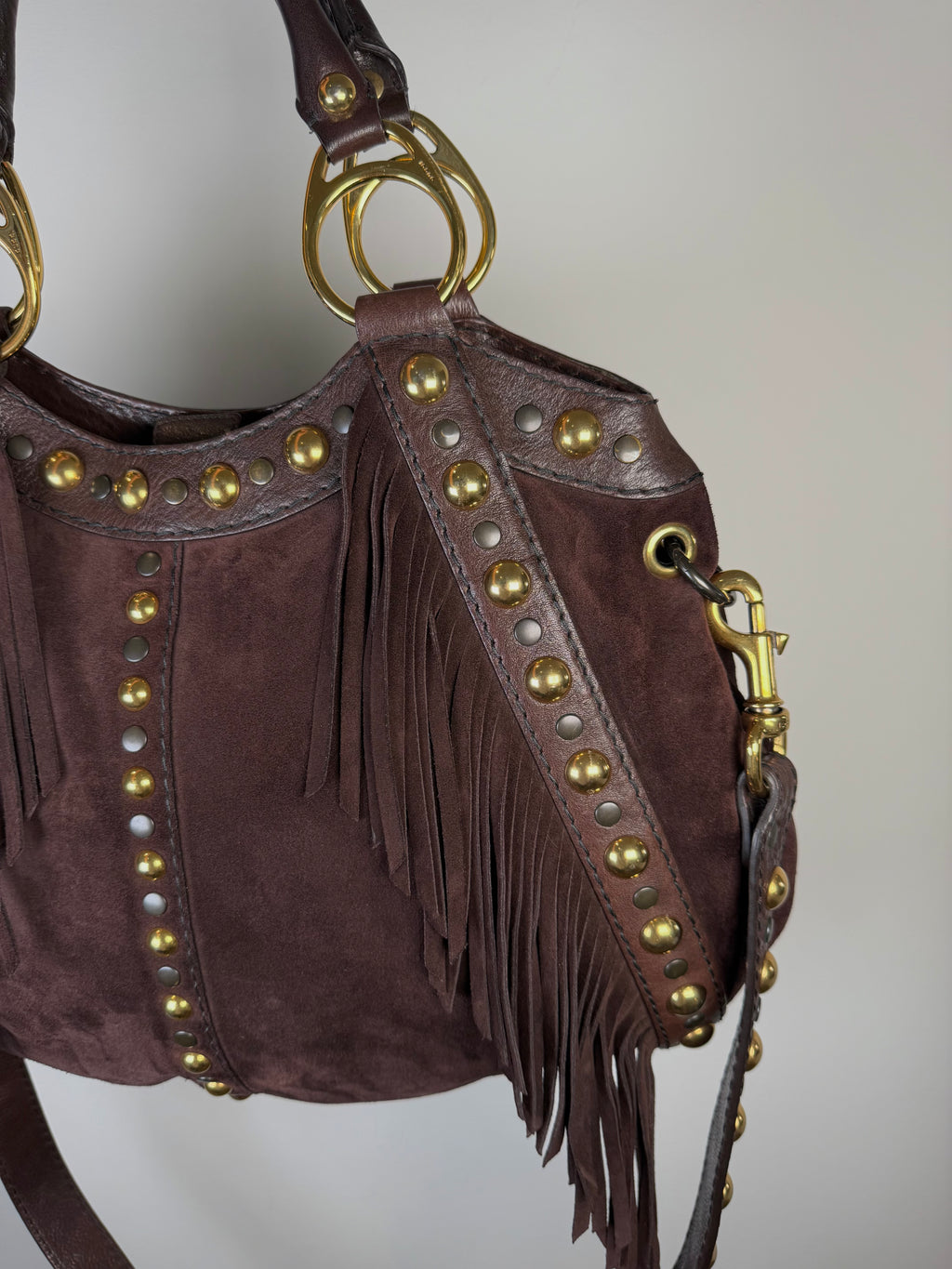 Gucci Babouska Fringe Suede Studded Indy Hobo Bag