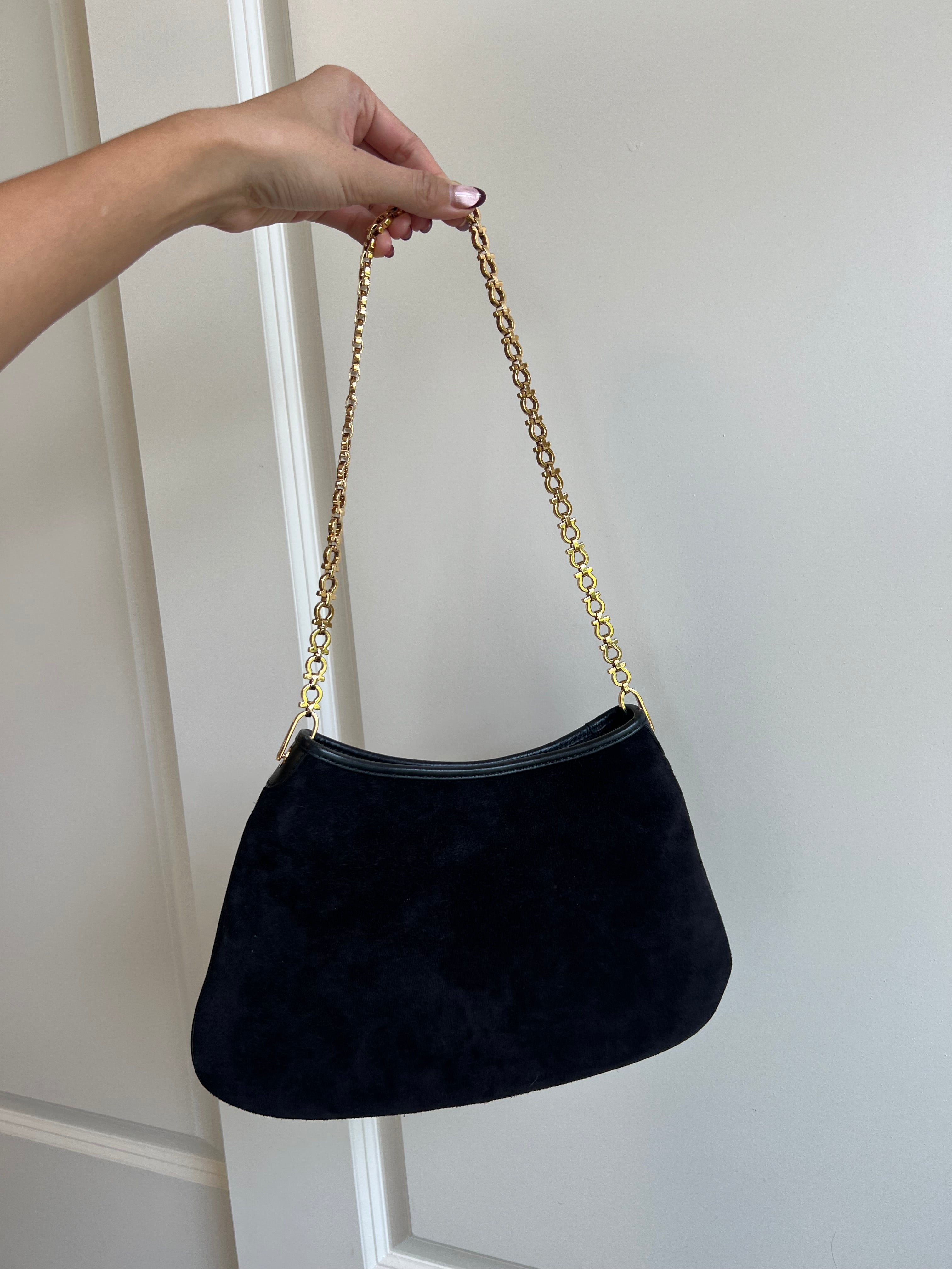 Salvatore Ferragamo Suede Shoulder Bag with Logo Chain