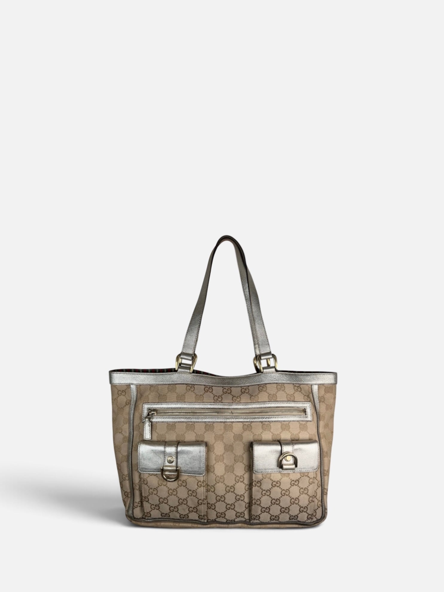 Gucci Monogram Gold Leather Trim Tote Bag