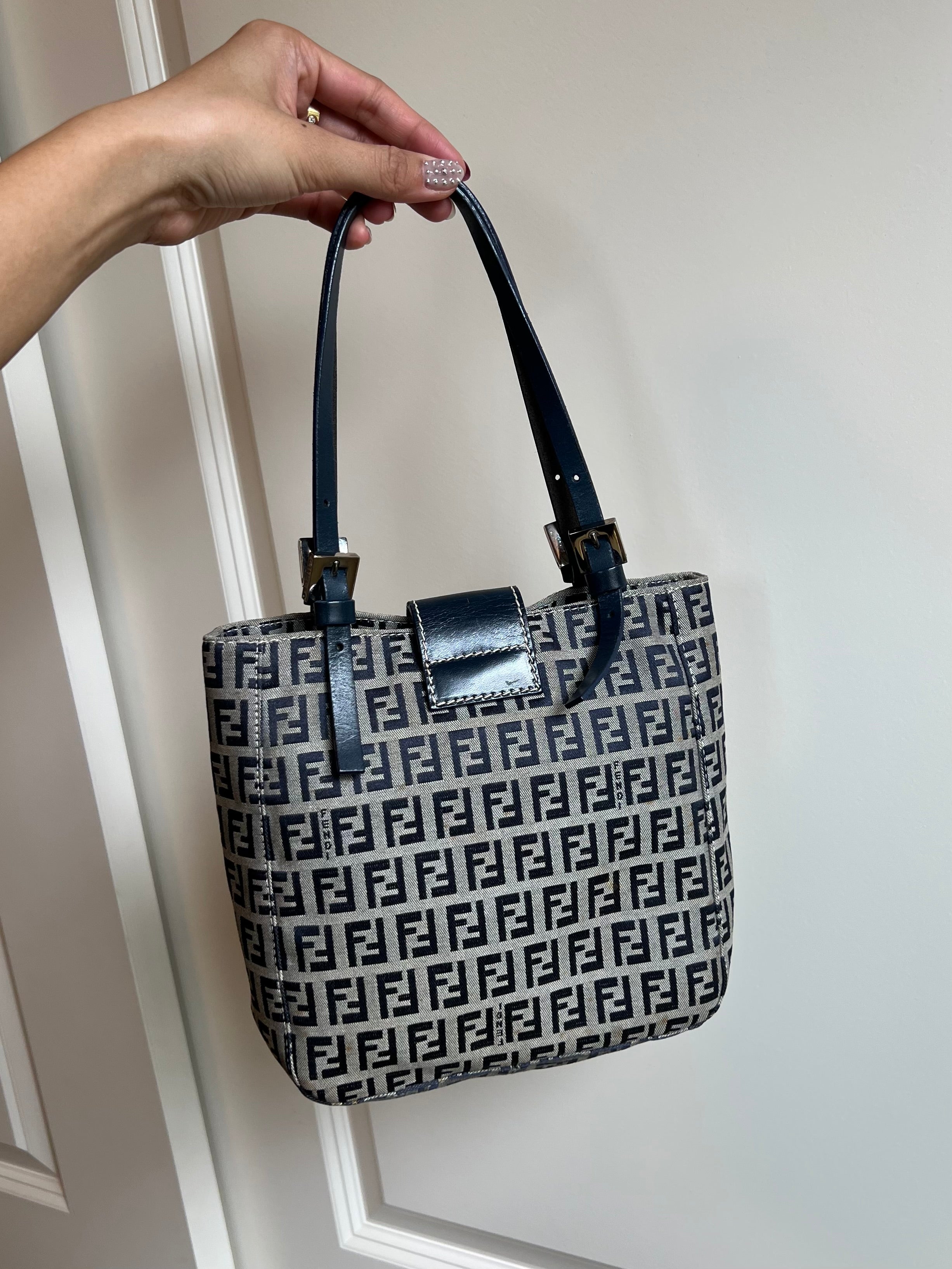 Fendi Zucchino Navy Mamma Bucket Bag