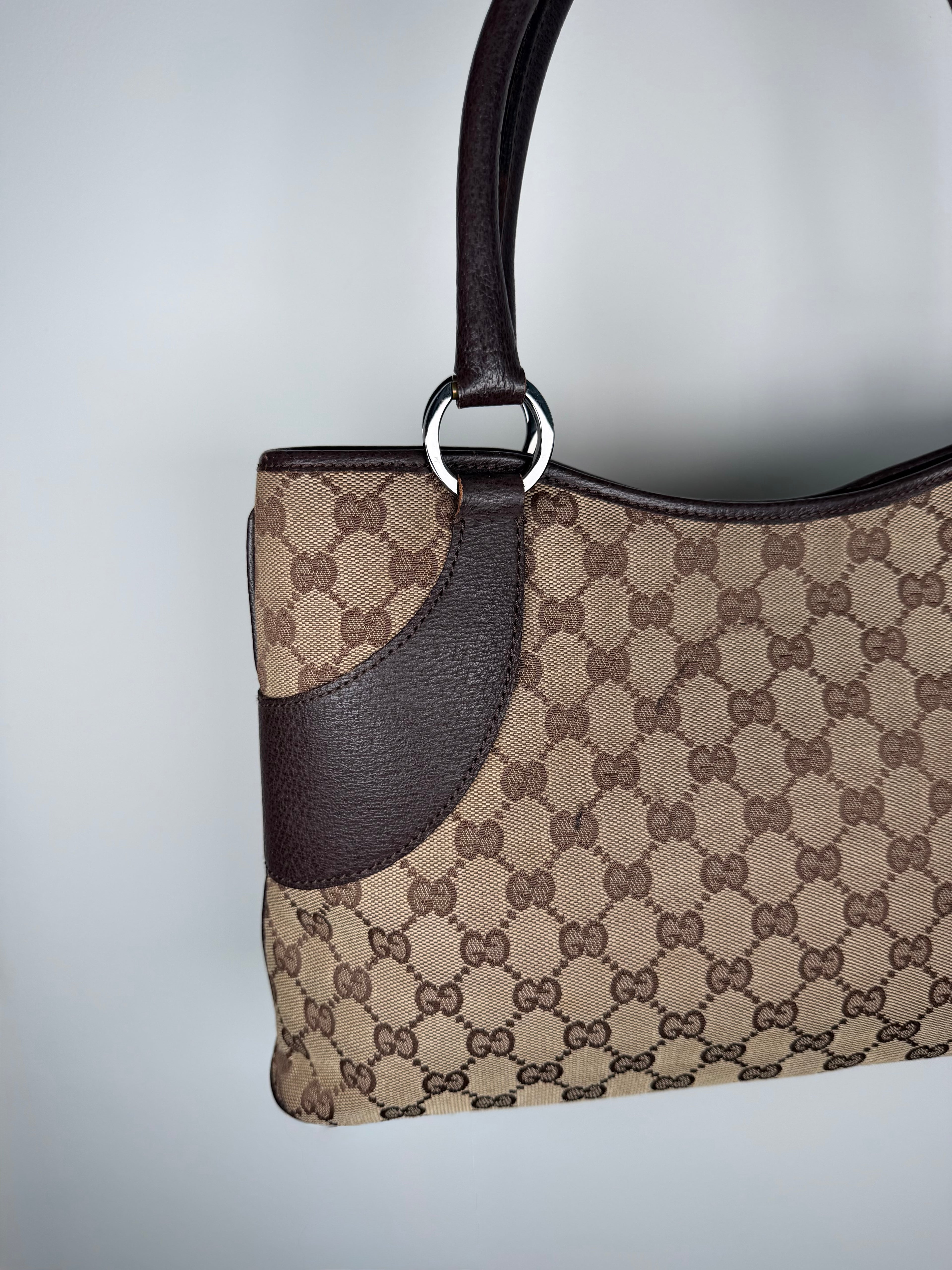 Gucci Monogram Chocolate Trim Leather Tote