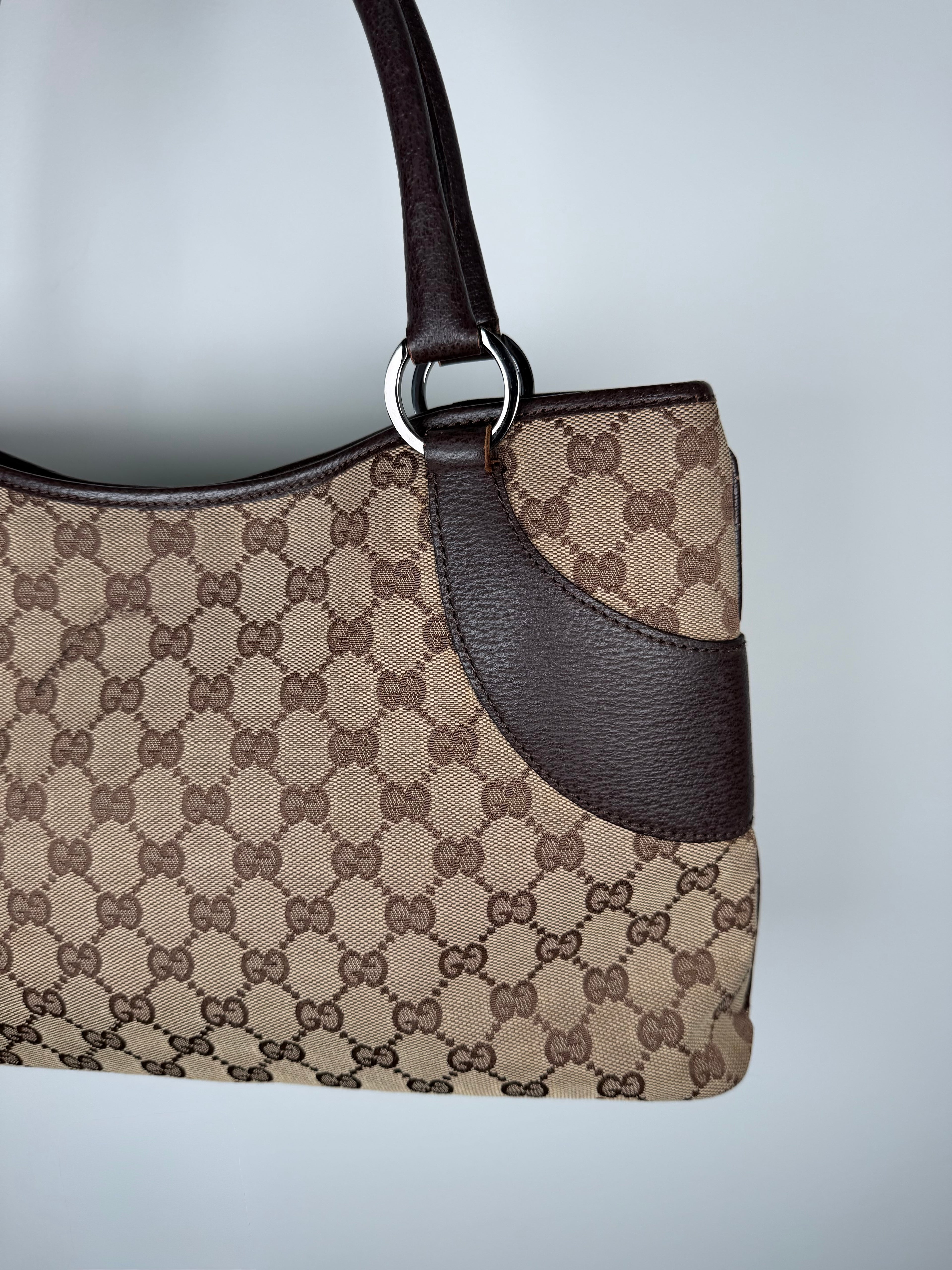 Gucci Monogram Chocolate Trim Leather Tote