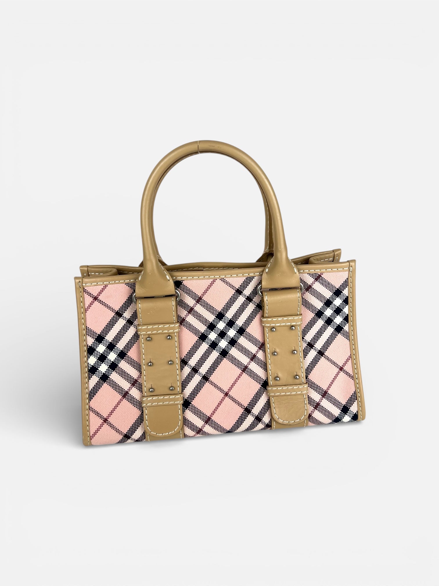 Burberry Pink Plaid Canvas Leather Tote