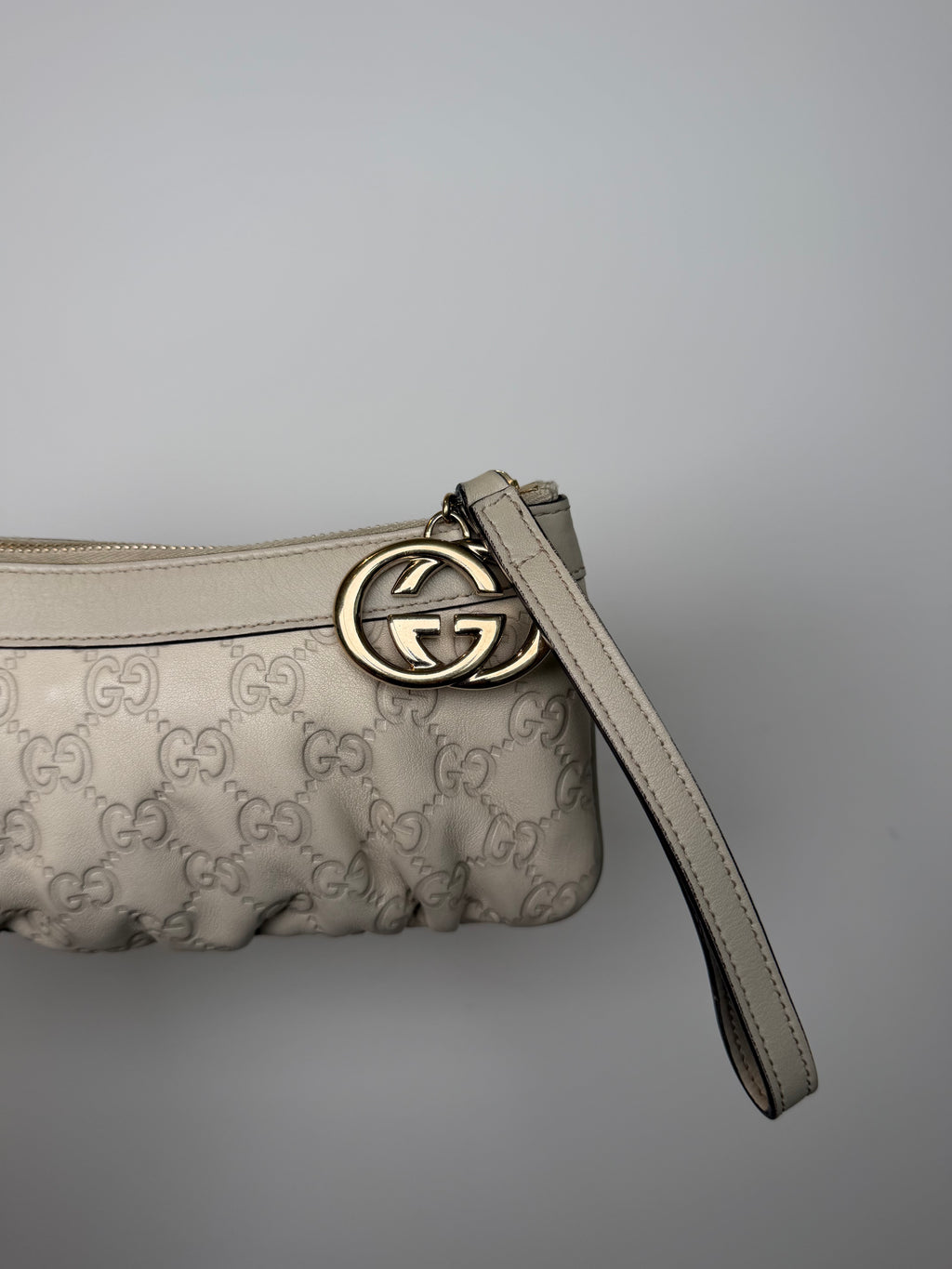 Gucci Taupe Monogram Charm Wristlet