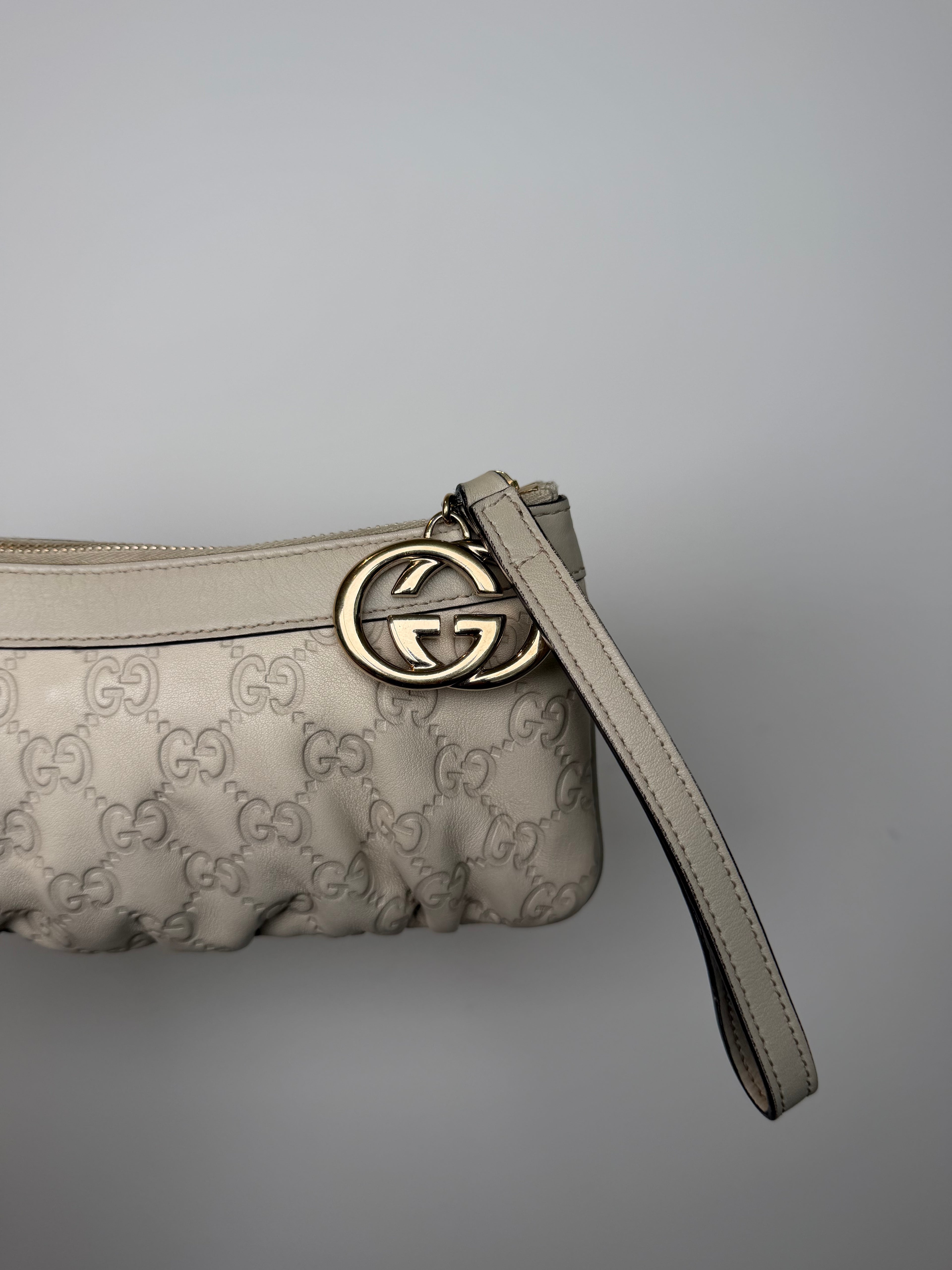 Gucci Taupe Monogram Charm Wristlet
