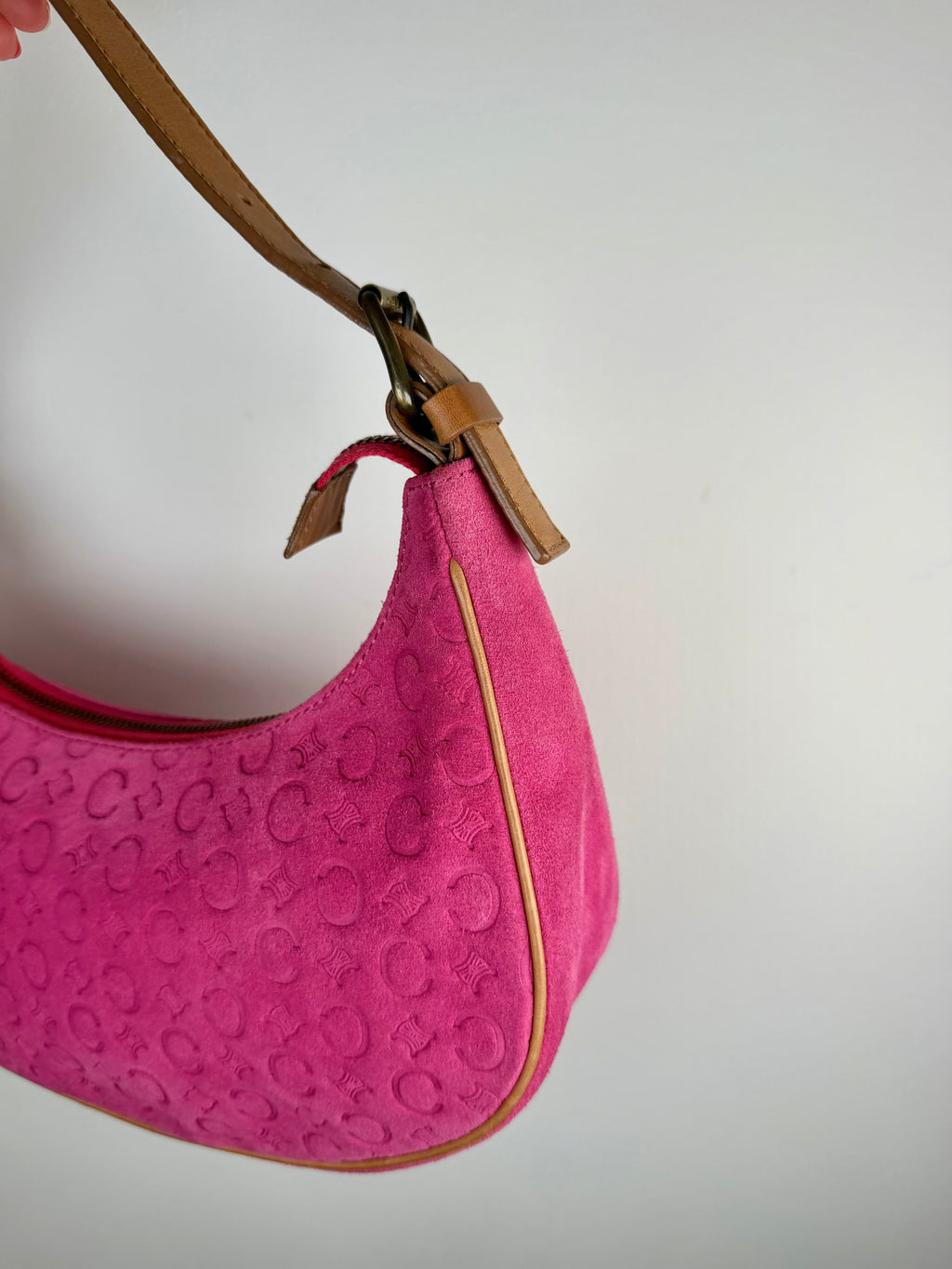 Celine Triomphe Logo Pink Suede Shoulder Bag