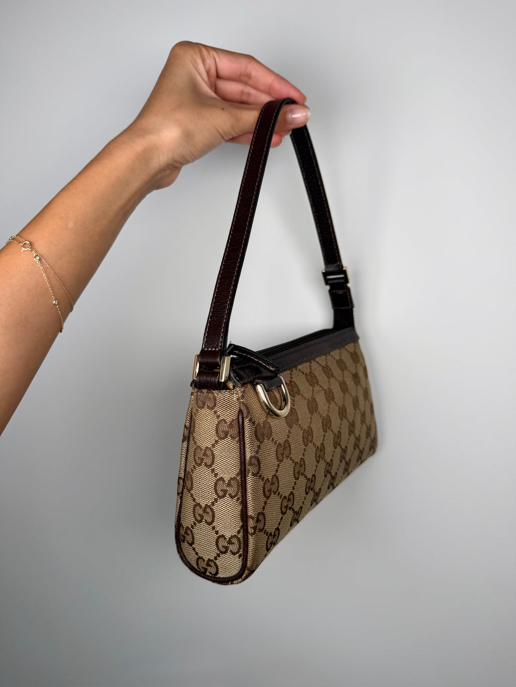 Gucci Monogram Chocolate Trim Shoulder Pochette