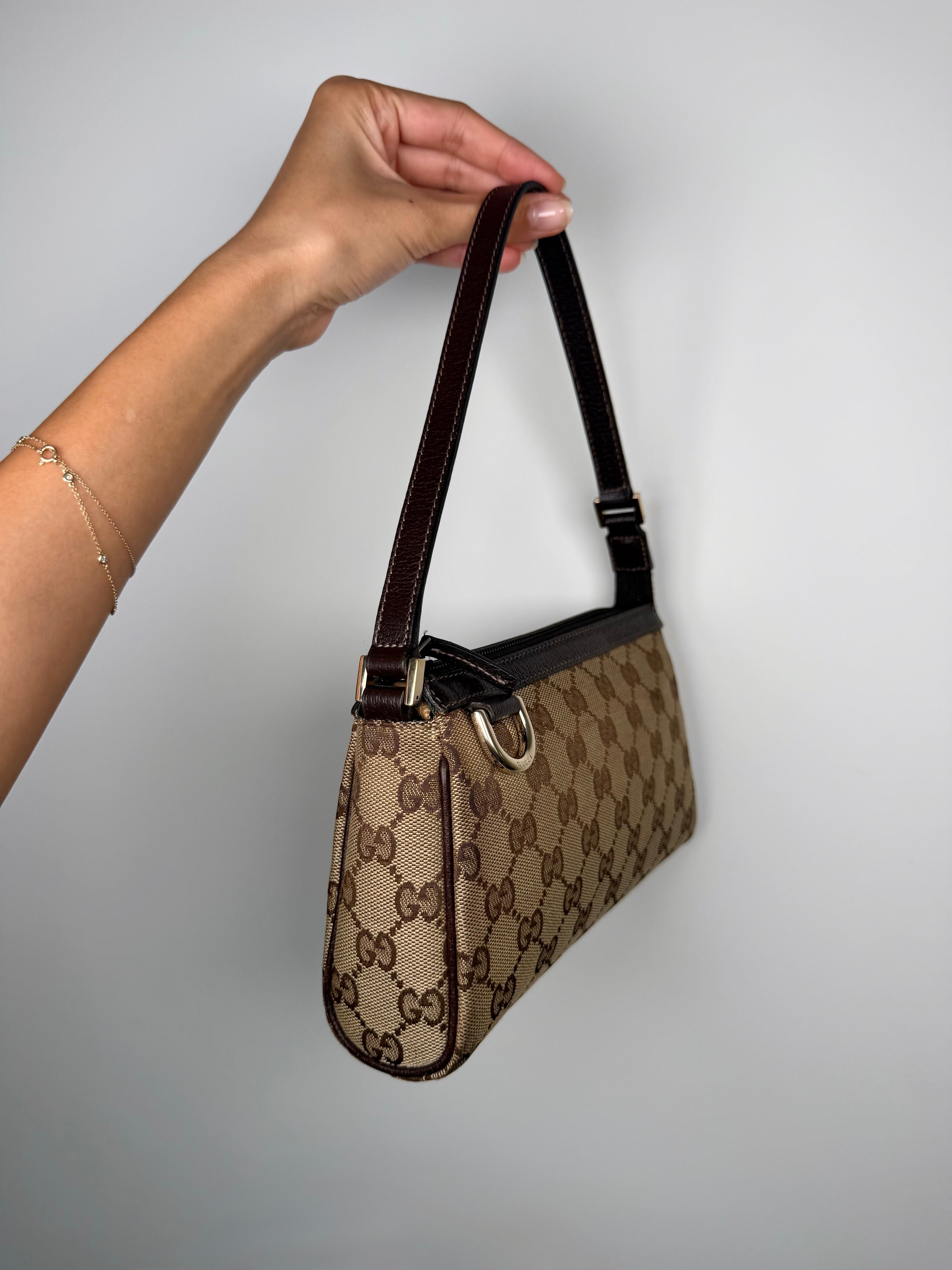 Gucci Monogram Chocolate Trim Shoulder Pochette