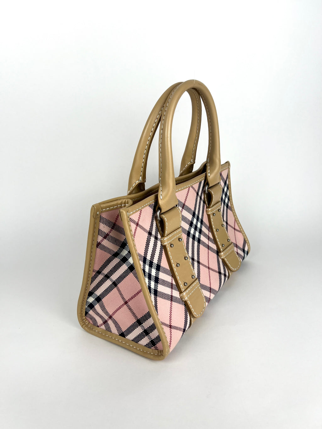 Burberry Pink Plaid Canvas Leather Tote