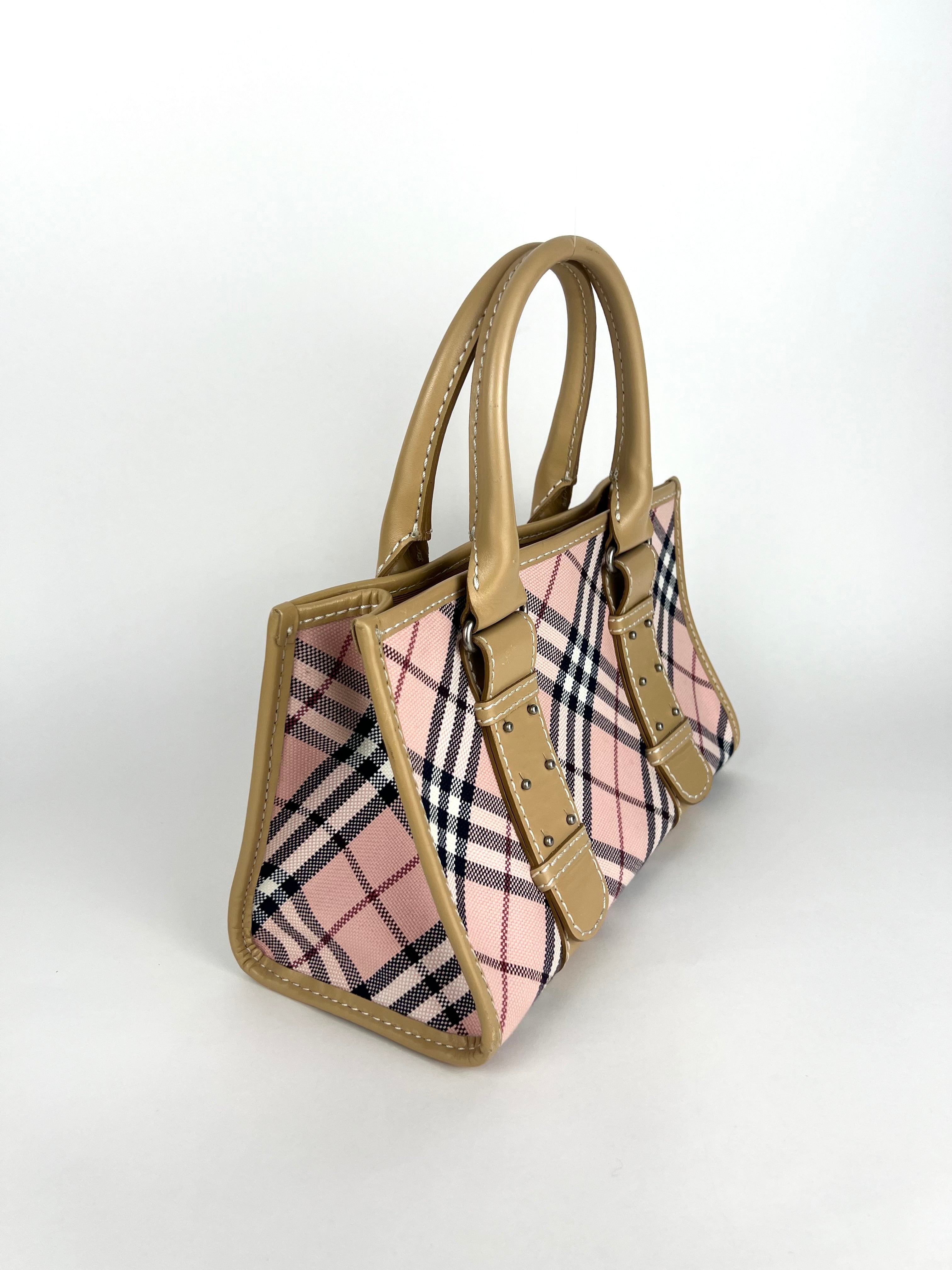 Burberry Pink Plaid Canvas Leather Tote