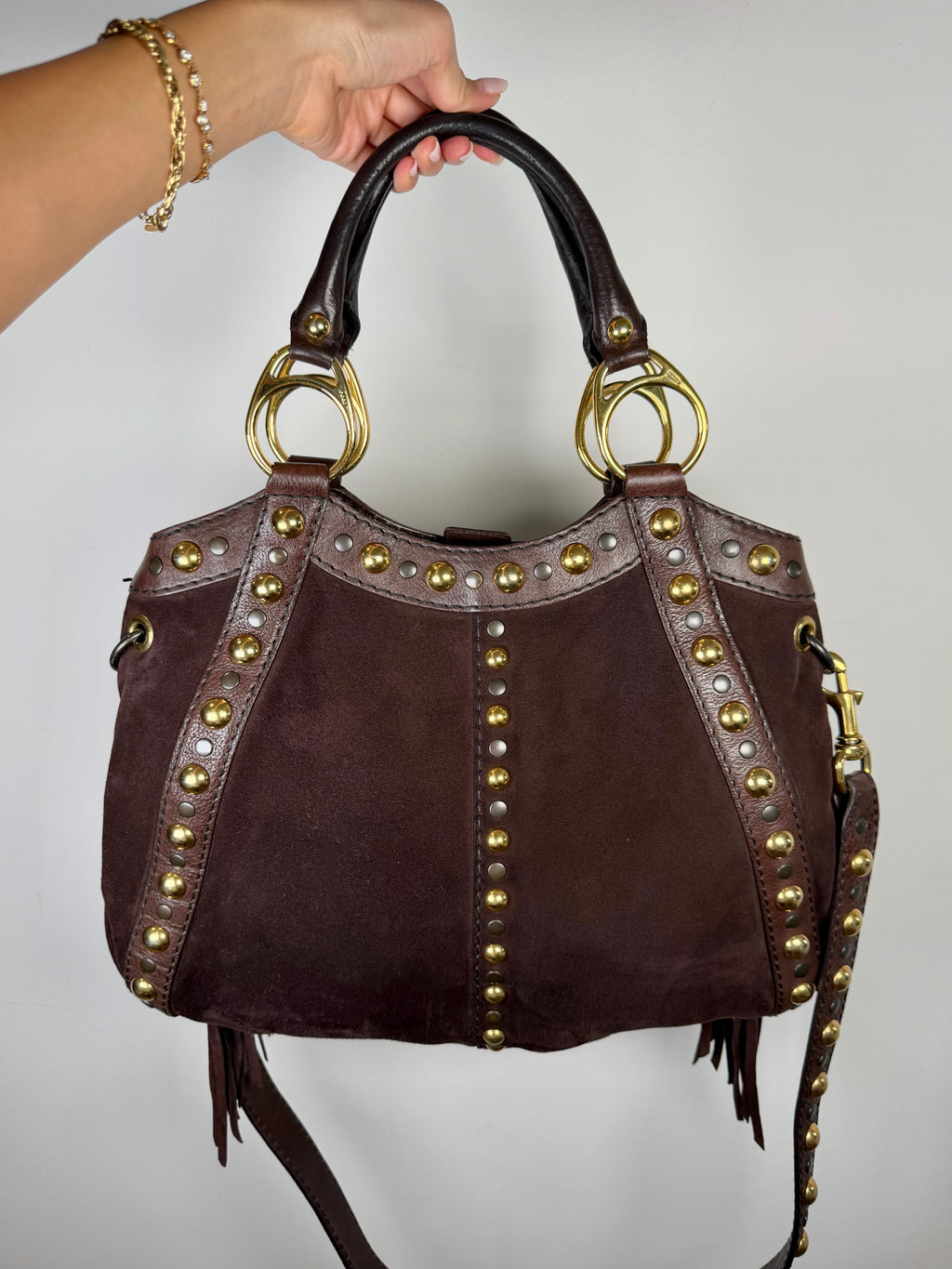 Gucci Babouska Fringe Suede Studded Indy Hobo Bag