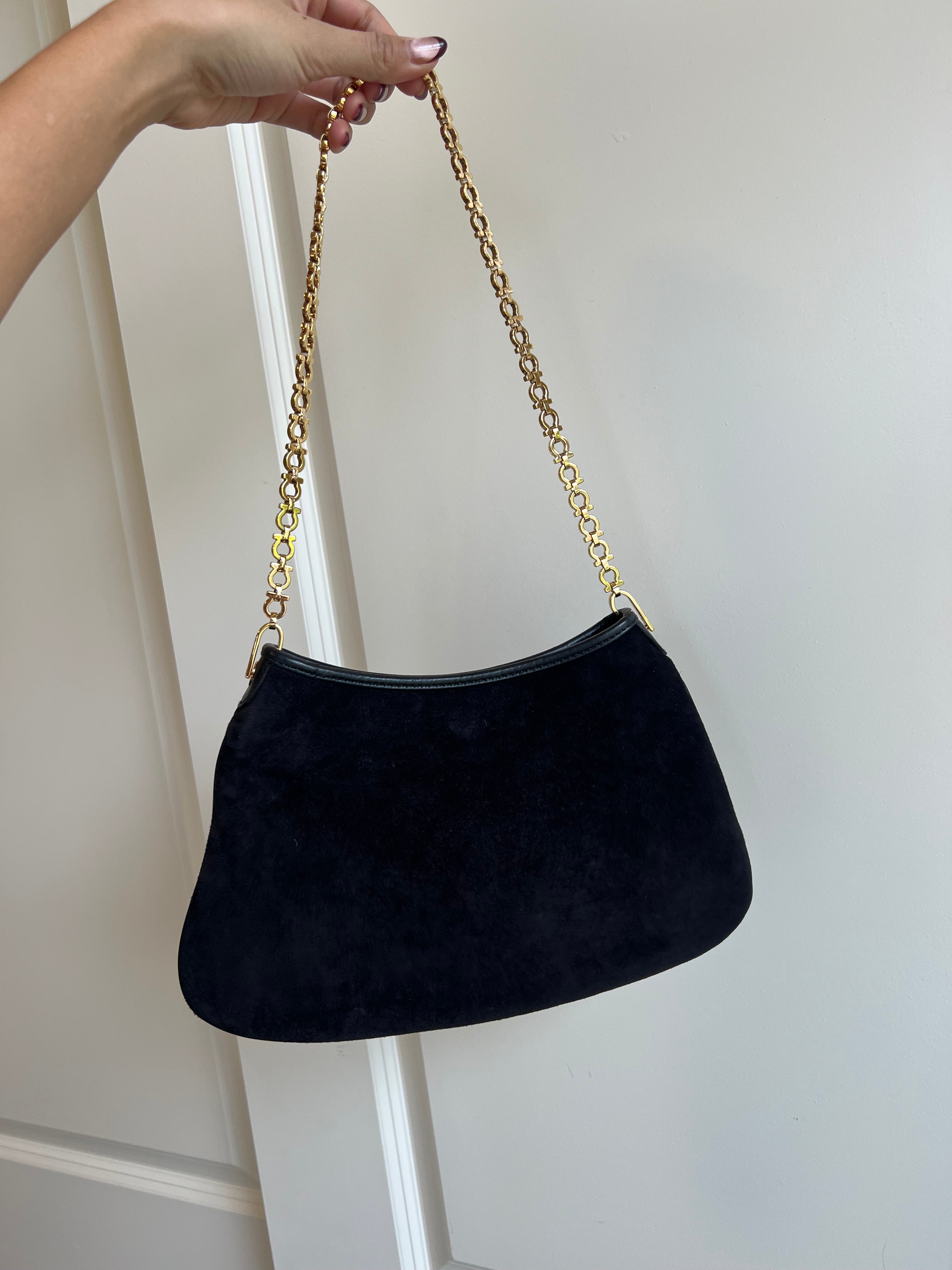Salvatore Ferragamo Suede Shoulder Bag with Logo Chain