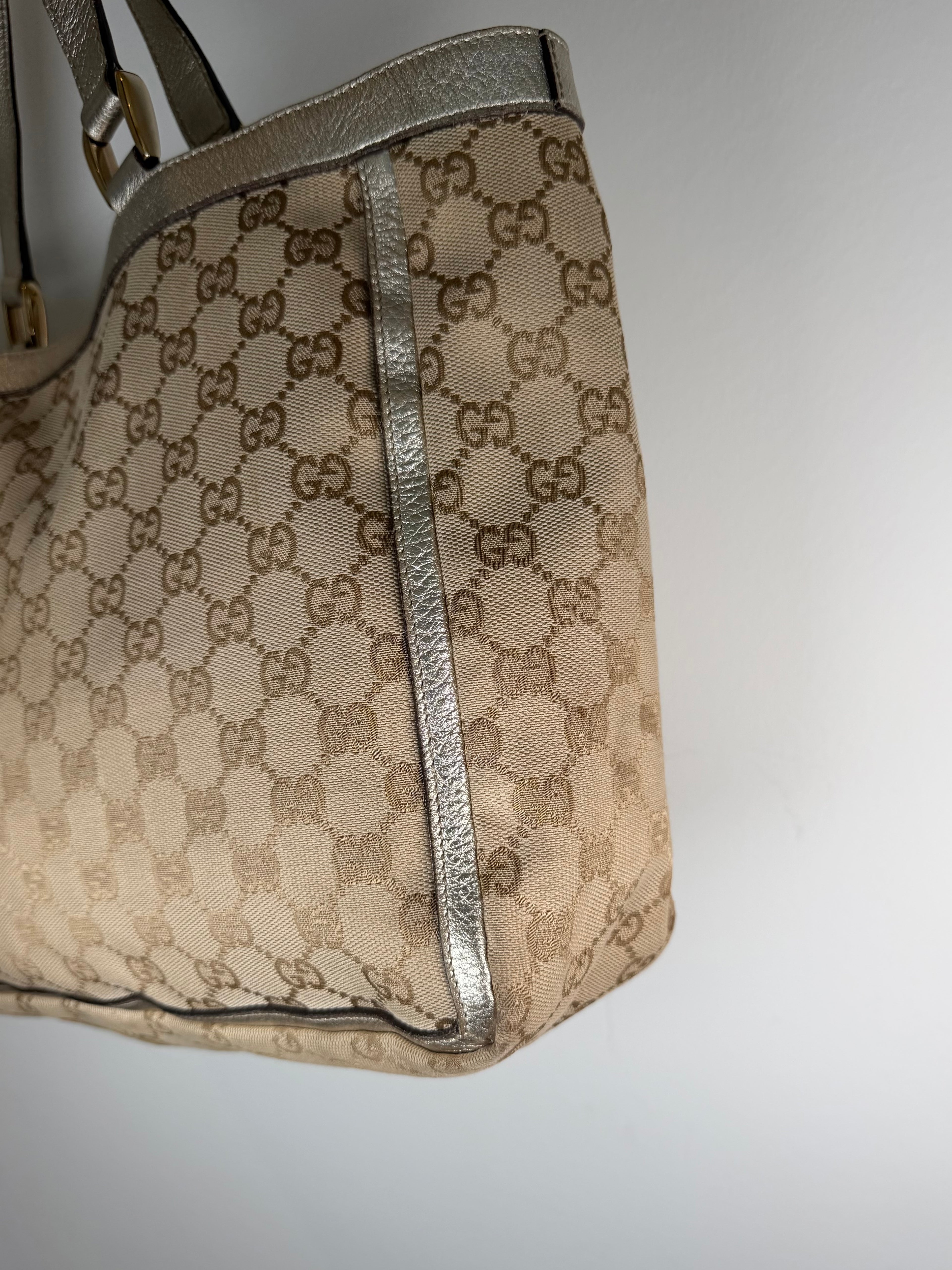 Gucci Monogram Gold Leather Trim Tote Bag