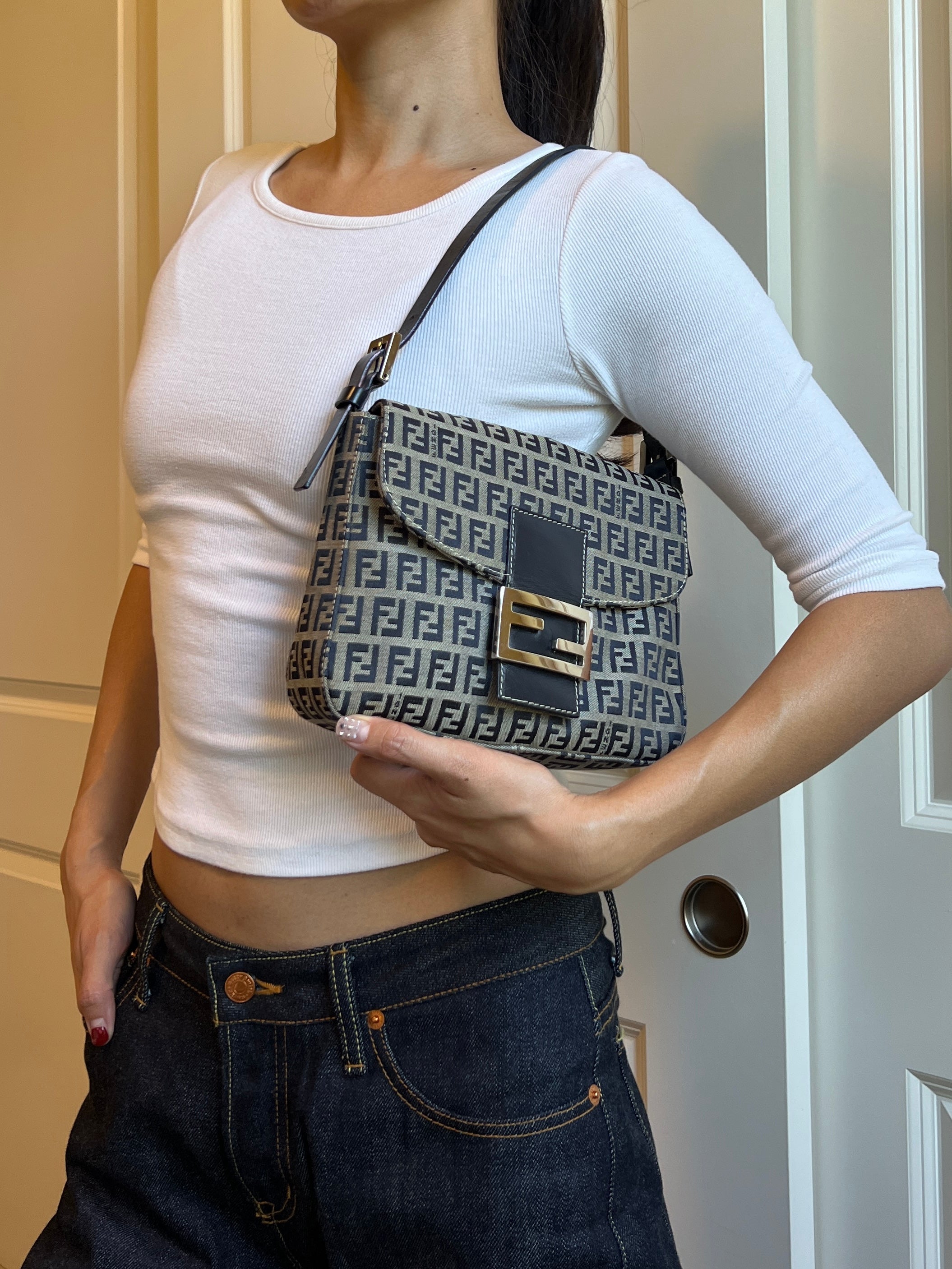 Fendi Zucchino Navy Mamma Shoulder Bag