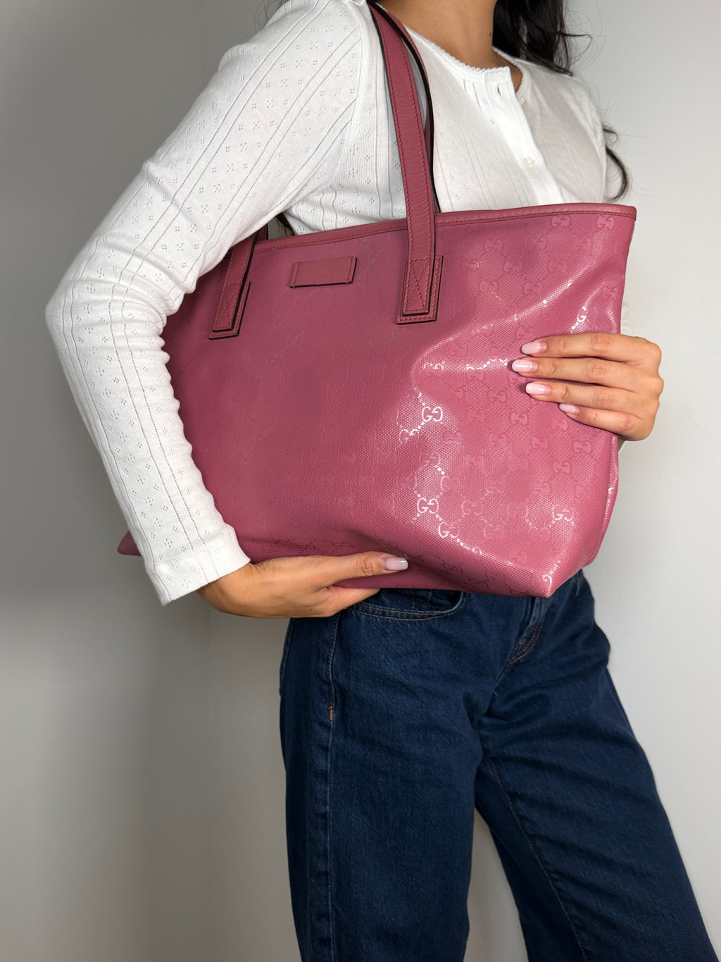 Gucci Monogram Imprime Joy Pink Tote Bag