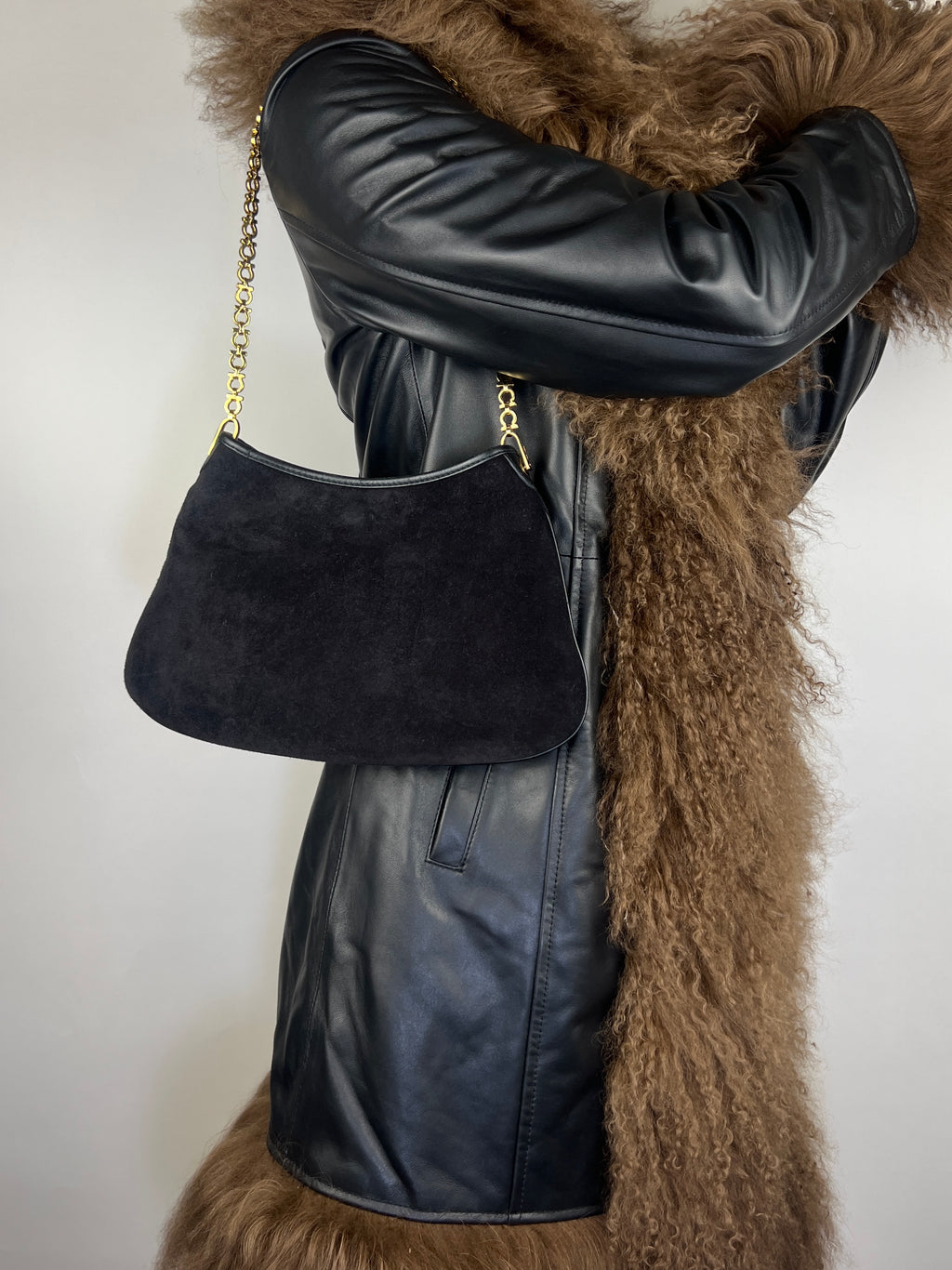 Salvatore Ferragamo Suede Shoulder Bag with Logo Chain