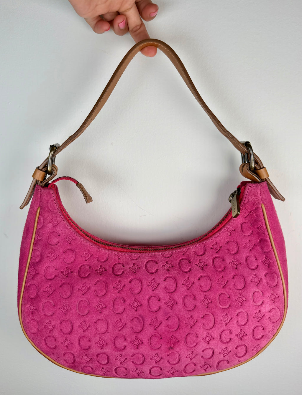Celine Triomphe Logo Pink Suede Shoulder Bag