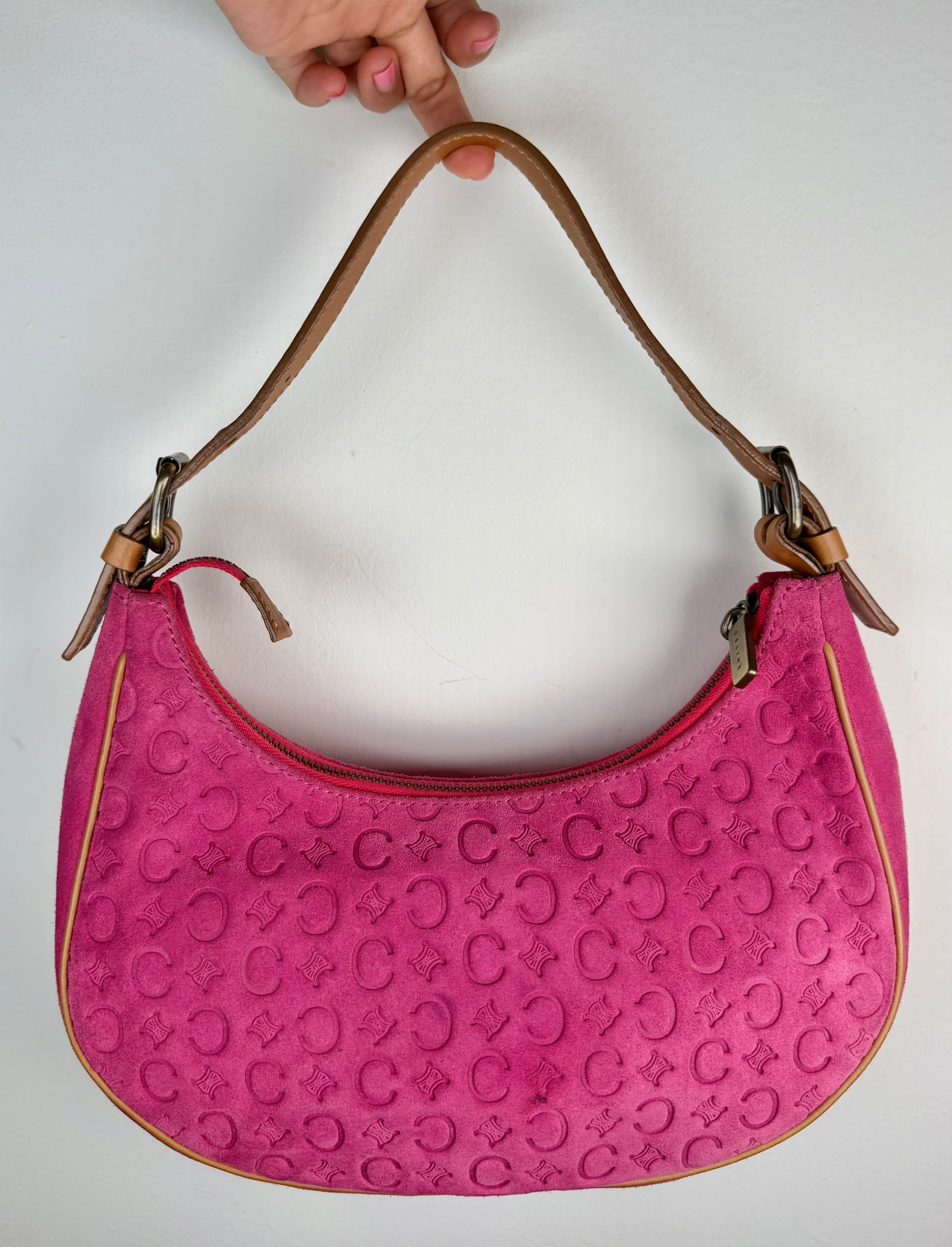 Celine Triomphe Logo Pink Suede Shoulder Bag