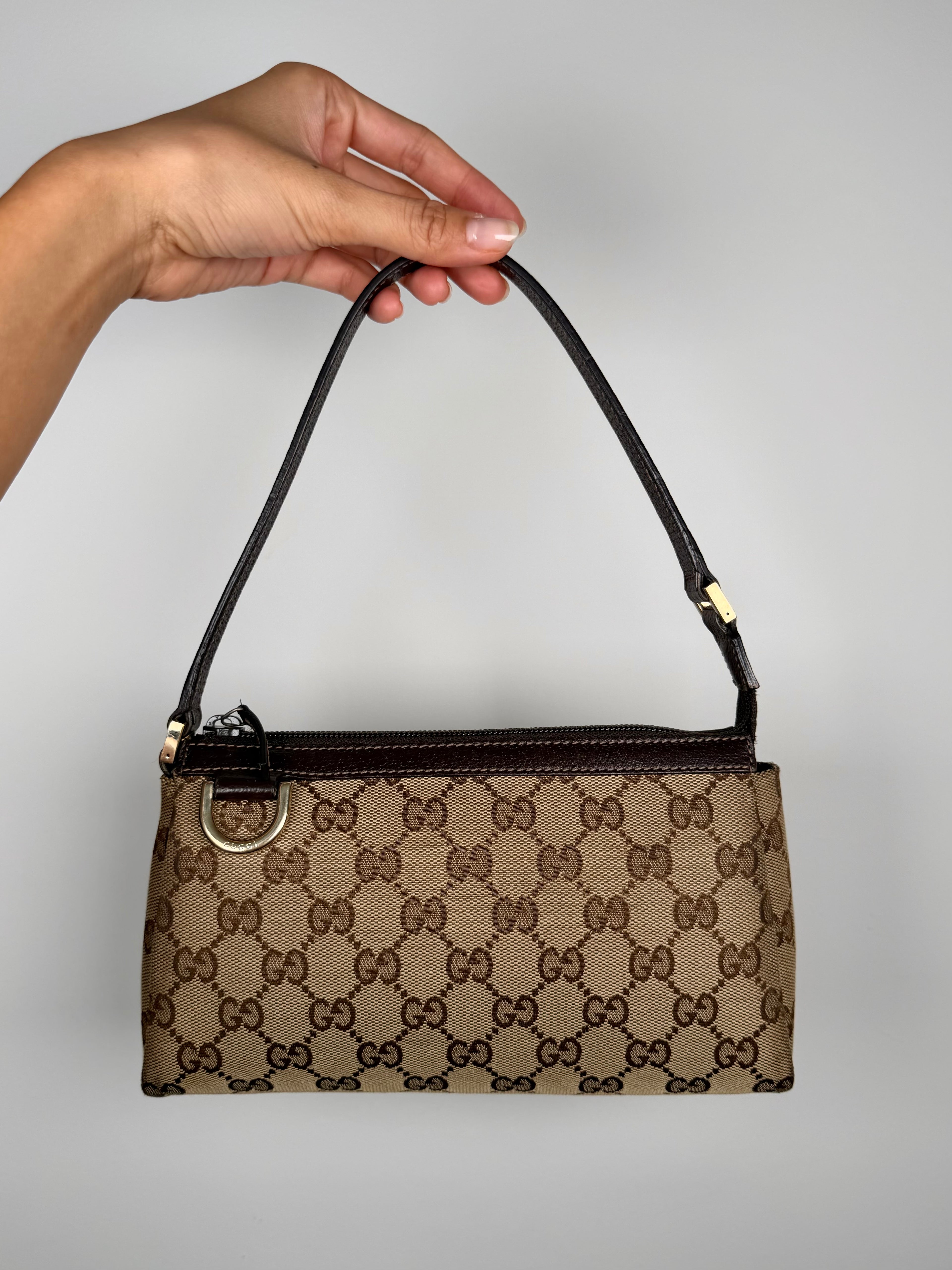 Gucci Monogram Chocolate Trim Shoulder Pochette