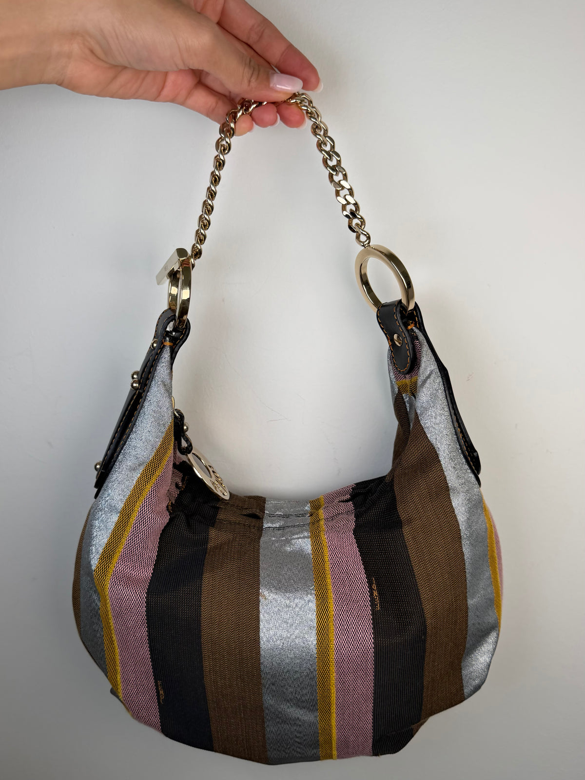 Fendi Multicolor Pequin Canvas and Leather Chain Hobo Bag