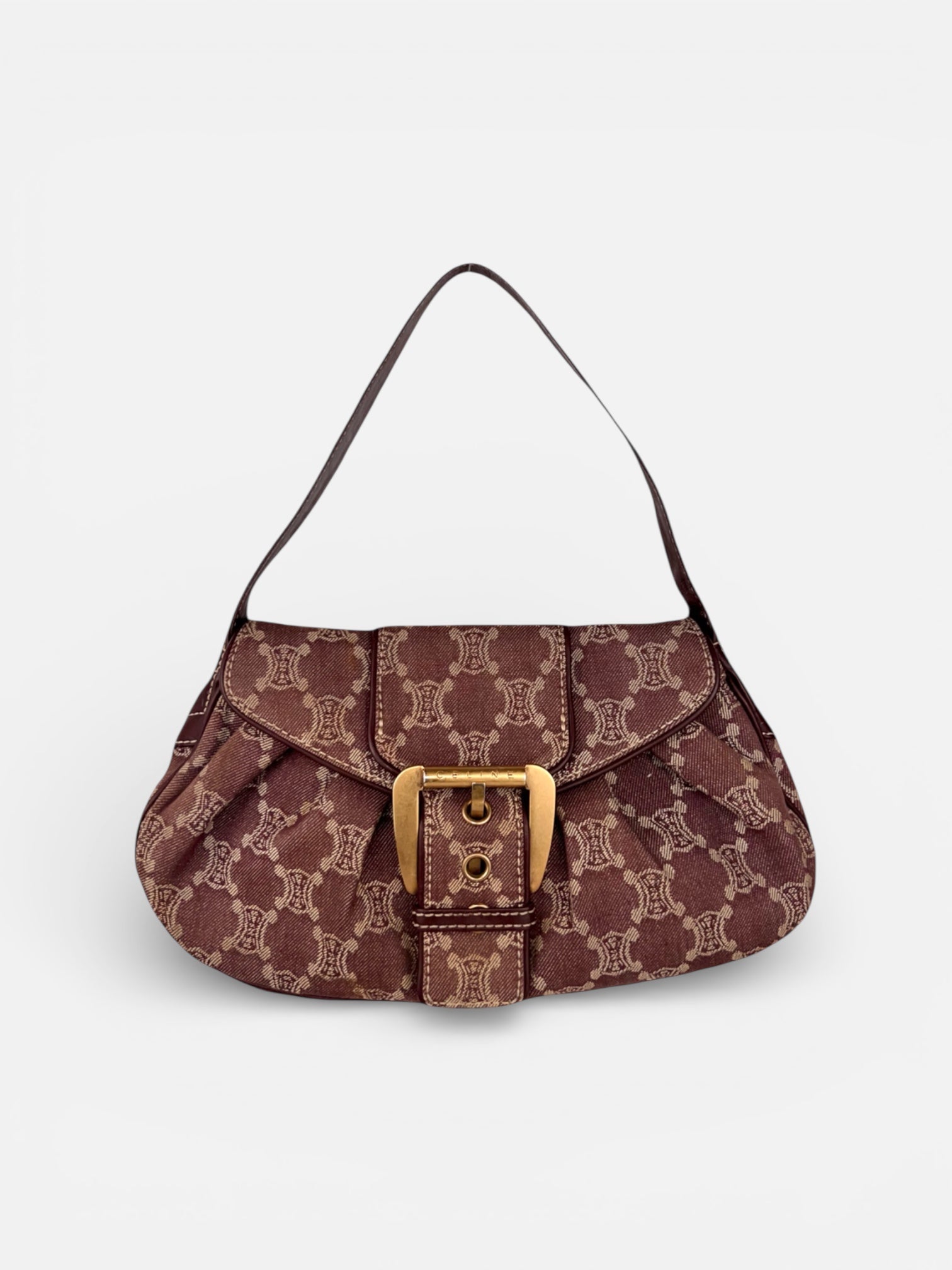 Celine Burgundy Macadam Canvas and Leather Shoulder Bag