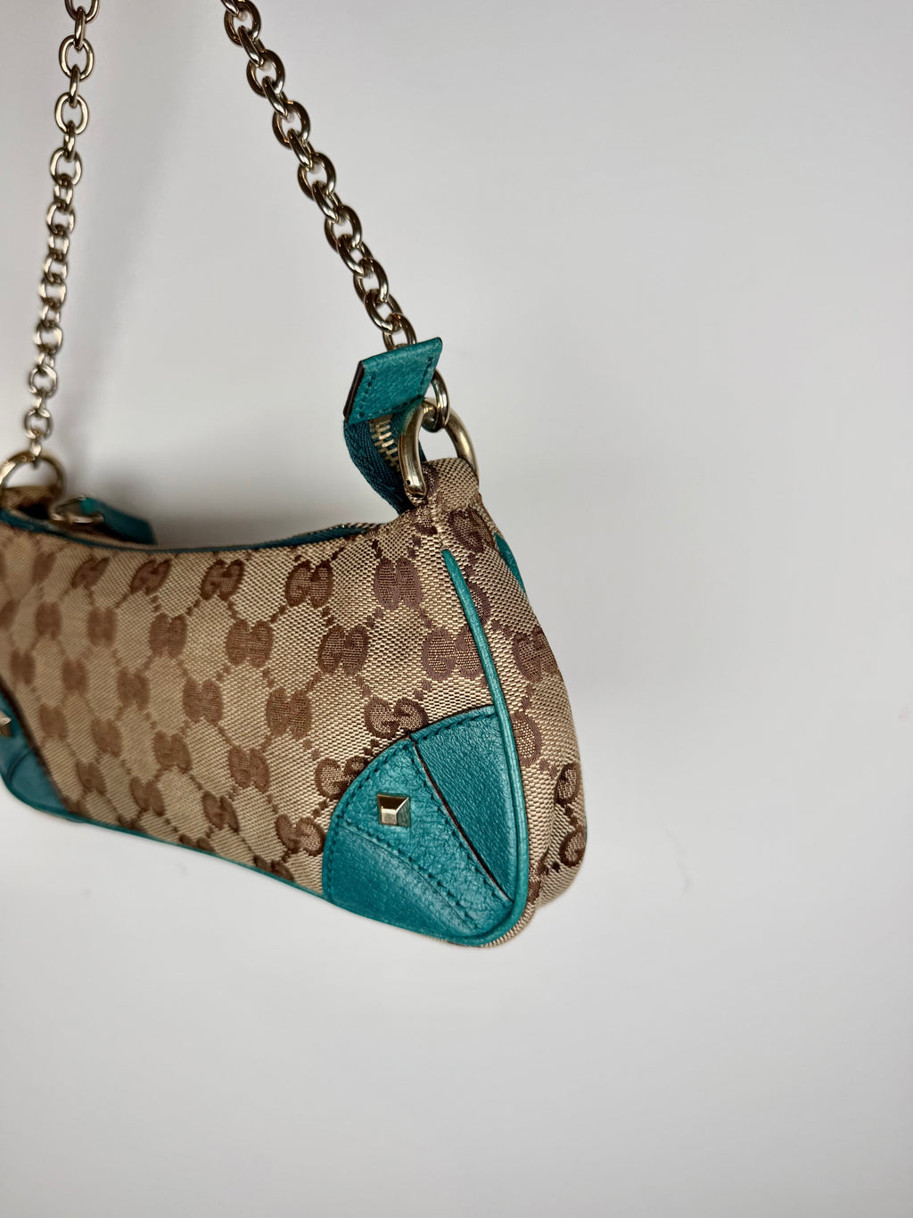 Gucci Monogram Nailhead Teal Trim Chain Bag